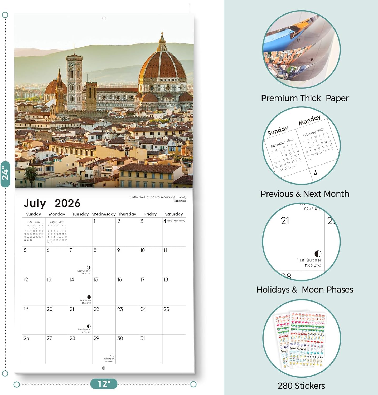 SKYDUE 2026 Wall Calendar 12"x24" Opened, 18-Month Puppy Dog Calendar from January 2026 to June 2027 with Stickers, Thick Paper Monthly Calendar for Home Office Organizing & Planning