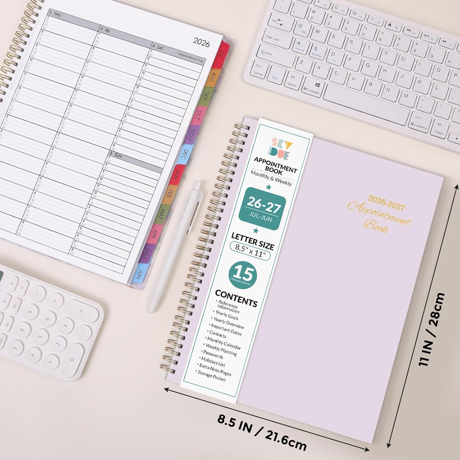 SKYDUE Appointment Book 2026-2027, Academic Hourly Planner from July 2026 - June 2027, 8.5" x 11" Weekly & Monthly Schedule Planner with 15-Minute Interval- Perfect for Daily Planning White Flower