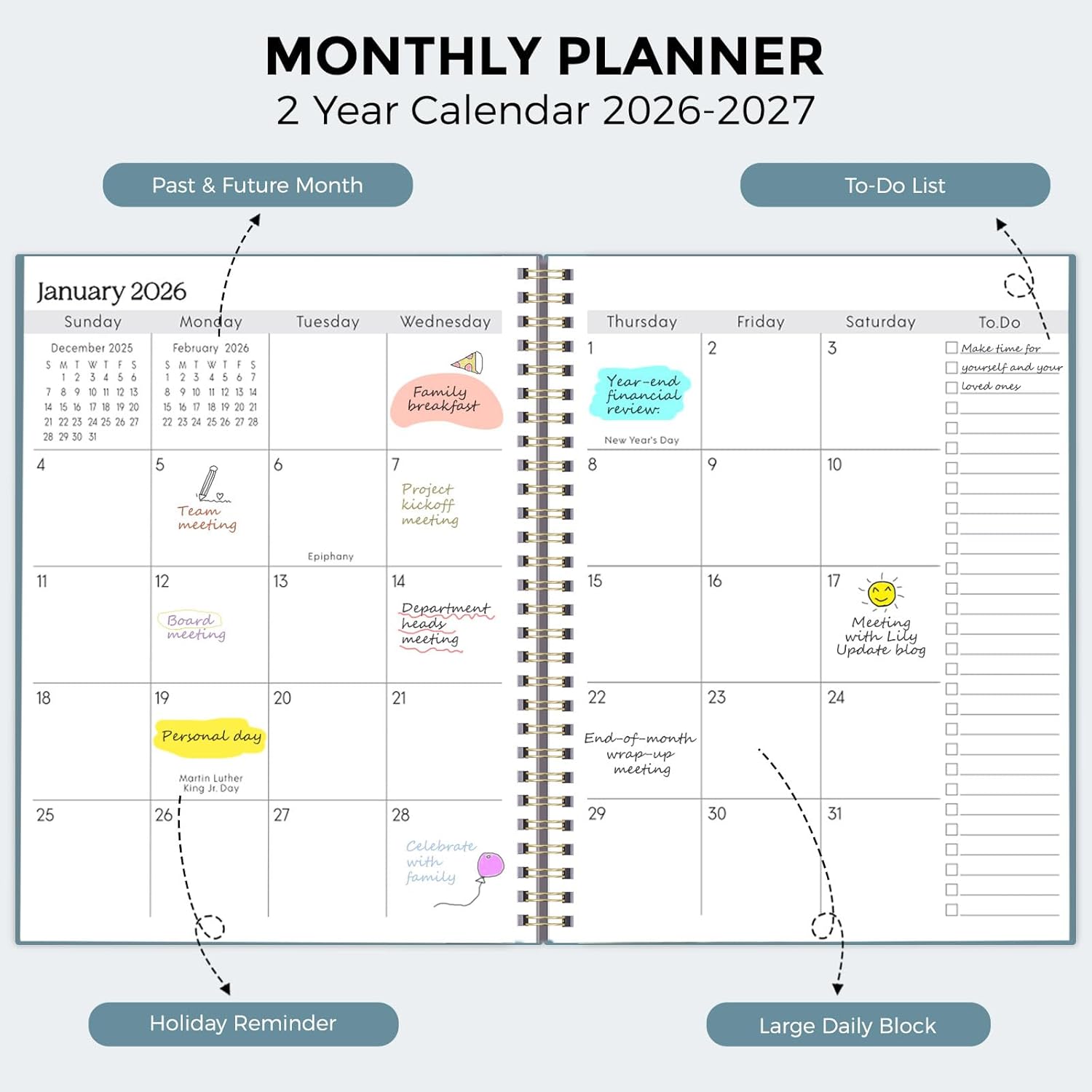 SKYDUE Monthly Planner 2026-2027, 24 Months Calendar Planner 2026-2027, 7.5" x 10" B5 Planner, Twin-wire Spiral Bound, Durable Waterproof Cover, Thick No-Bleed Paper, Floral