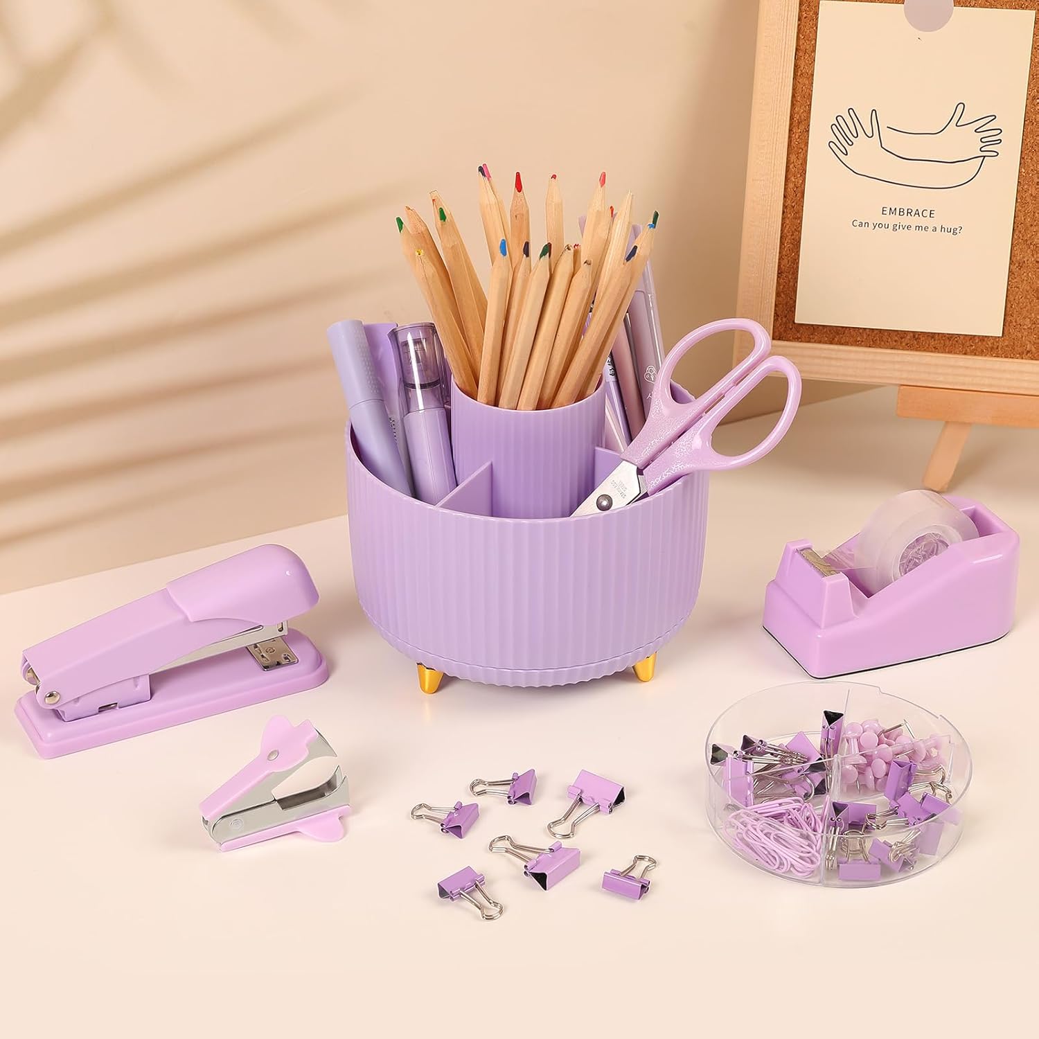 SKYDUE Pink Desk Accessories 10Pcs, Rotating Pen Holder for Desk, Stapler, Staple Remover, Tape Dispenser,2pcs Tape Refills, Binder Paper Clips Kit, Scissor,Pink Office School Supplies