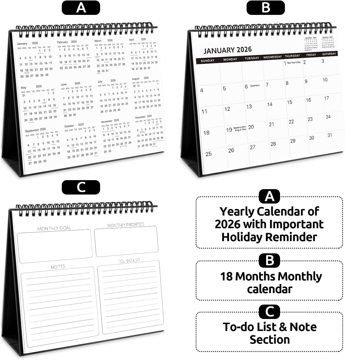 SKYDUE Desk Calendar 2026, 18 Months Small Desk Calendar 2026-2027, Jan 2026 to Jun 2027, 10" x 8" Desktop Calendar Planner with Stickers, Black