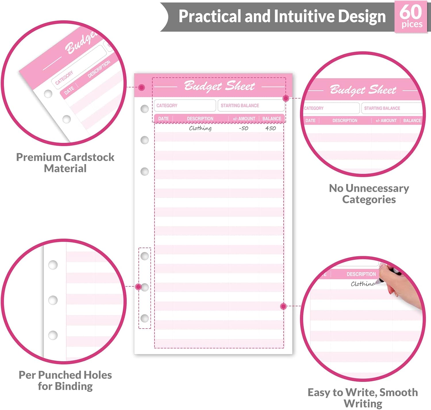 SKYDUE 60pcs Expense Tracker Budget Sheets for A6 Budget Binder,6-Holes Tracking Budget Sheets for Budget Planner