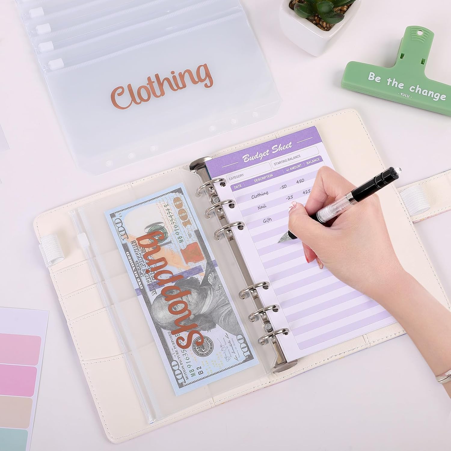 SKYDUE Budget Binder with 8pcs Zipper Envelopes,Money Organizer for Cash with 12pcs Expense Sheets & 24 Rose Gold Sticky Labels