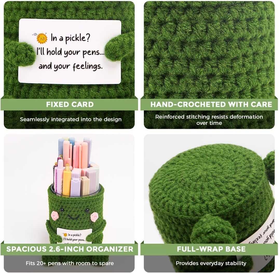 SKYDUE Crocheted Pen & Pencil Holder with Inspirational Card - Handmade Desk Organizer for Office, School, Home - Functional Desk Decor Pen Cup