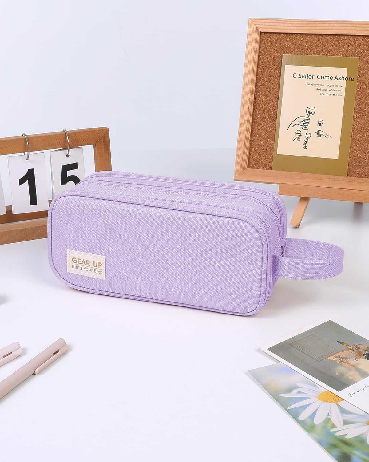 SKYDUE Large Capacity Pencil Case with 3 Compartments, Canvas Stationery Bag with Handle for Students Adults, Aesthetic Pen Holder Organizer for Office School Supplies, Purple