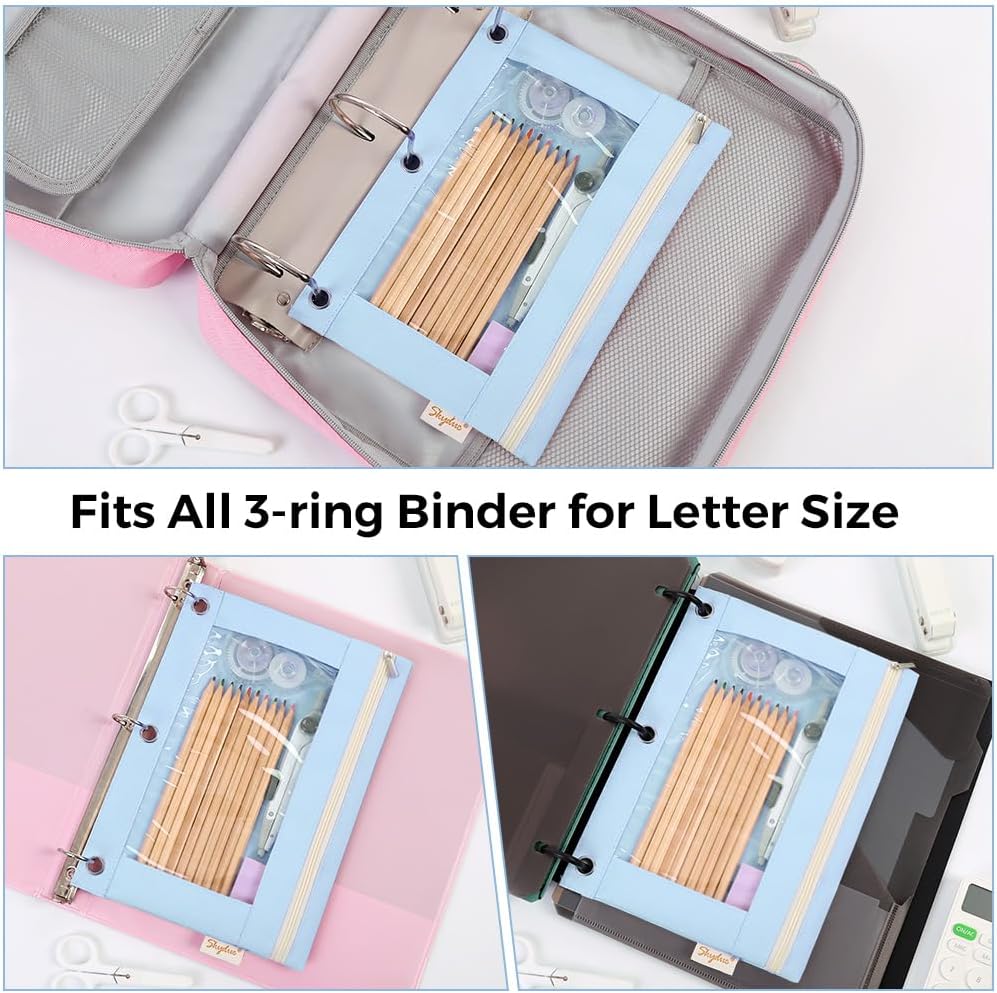 SKYDUE 3 Ring Pencil Pouch for Binder, Zipper Binder Pencil Pouch with 3 Pockets and Mesh Window, Durable Organizer for School Supplies, Cables, Earbuds, Makeup