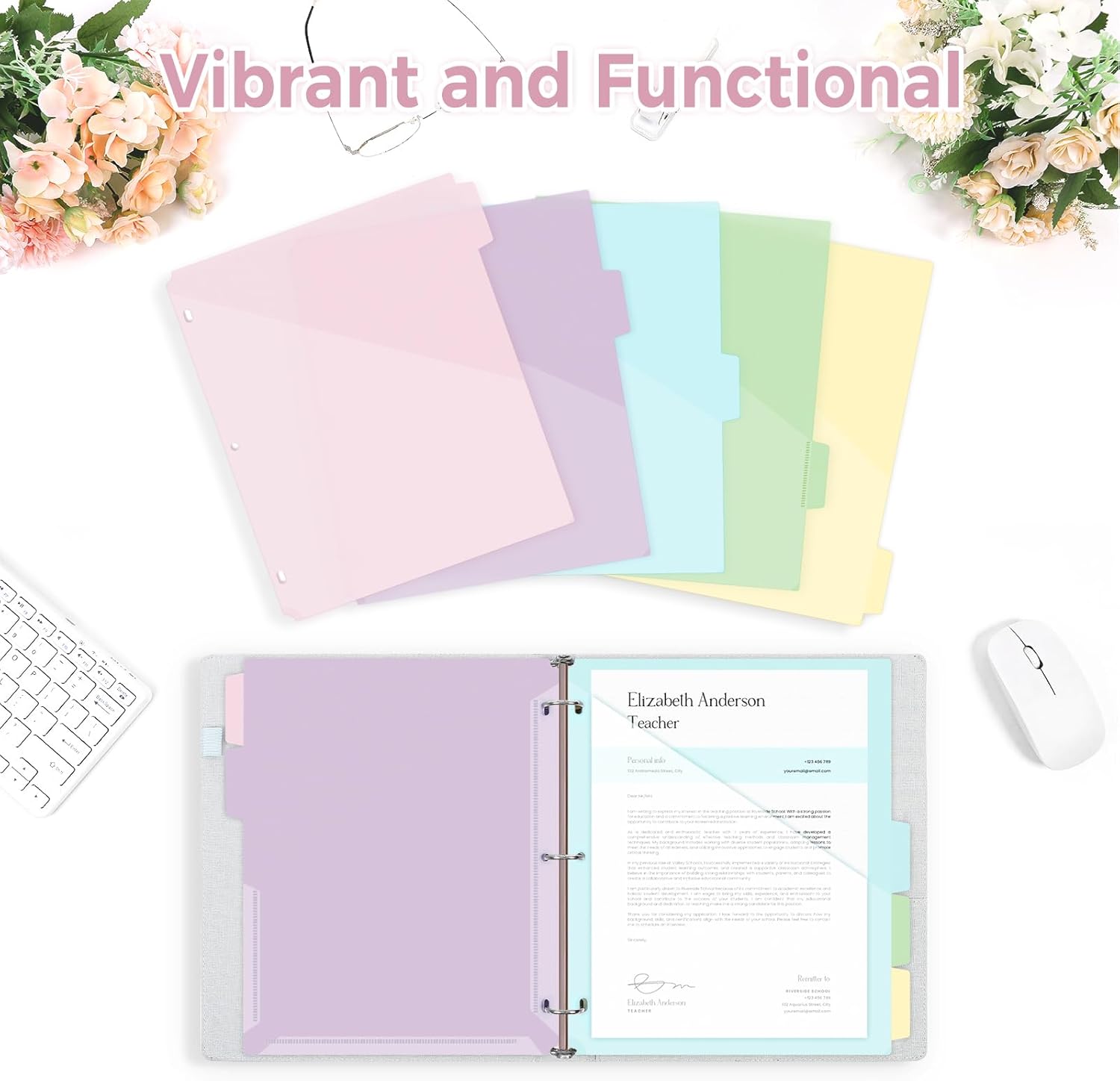 SKYDUE Binder Dividers with Tabs and Pockets – 5-Pack for 3-Ring Binders, Writable Tabs, Durable & Tear-Resistant, Pink
