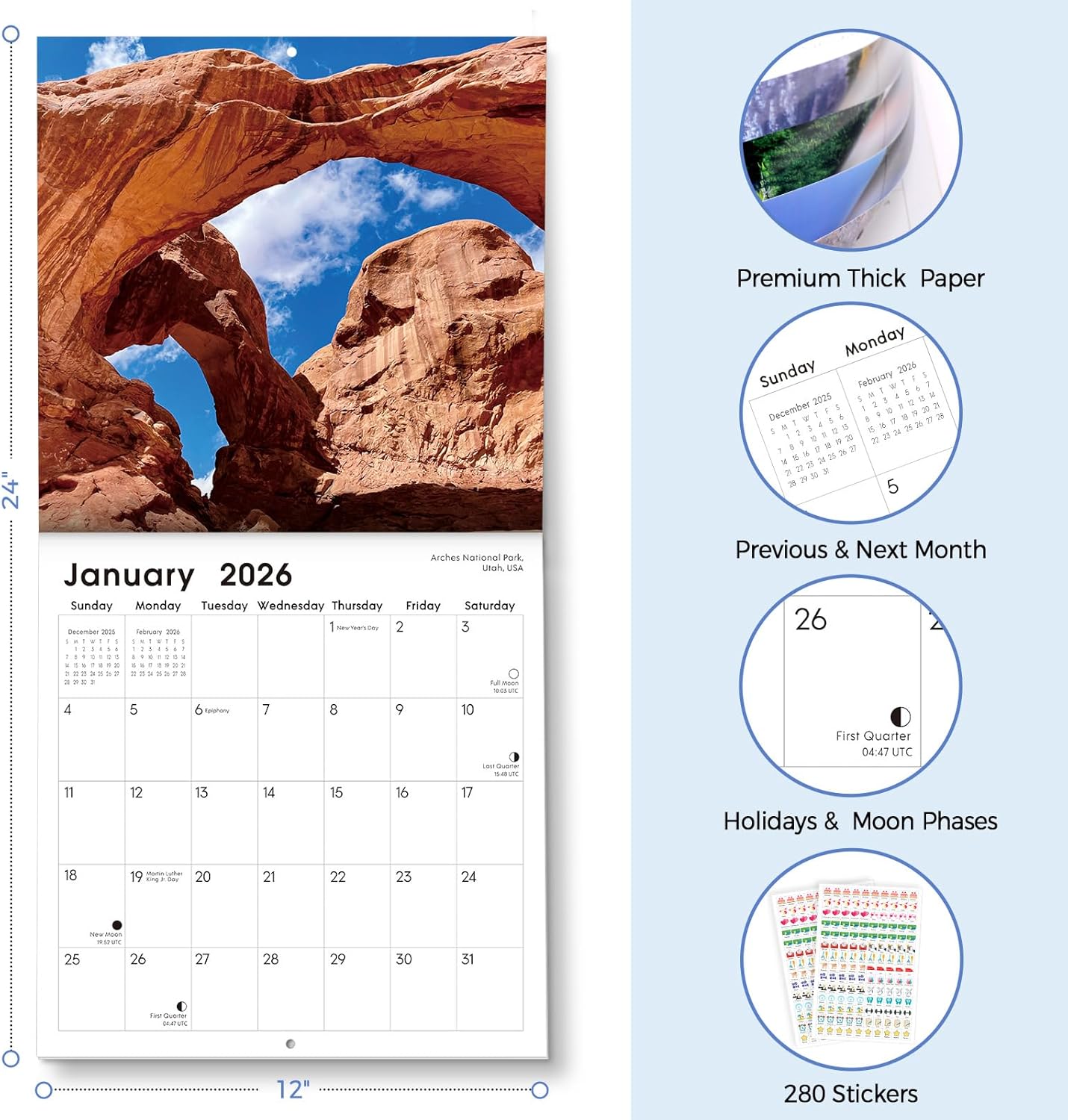 SKYDUE 2026 Wall Calendar 12"x24" Opened, 18-Month Puppy Dog Calendar from January 2026 to June 2027 with Stickers, Thick Paper Monthly Calendar for Home Office Organizing & Planning