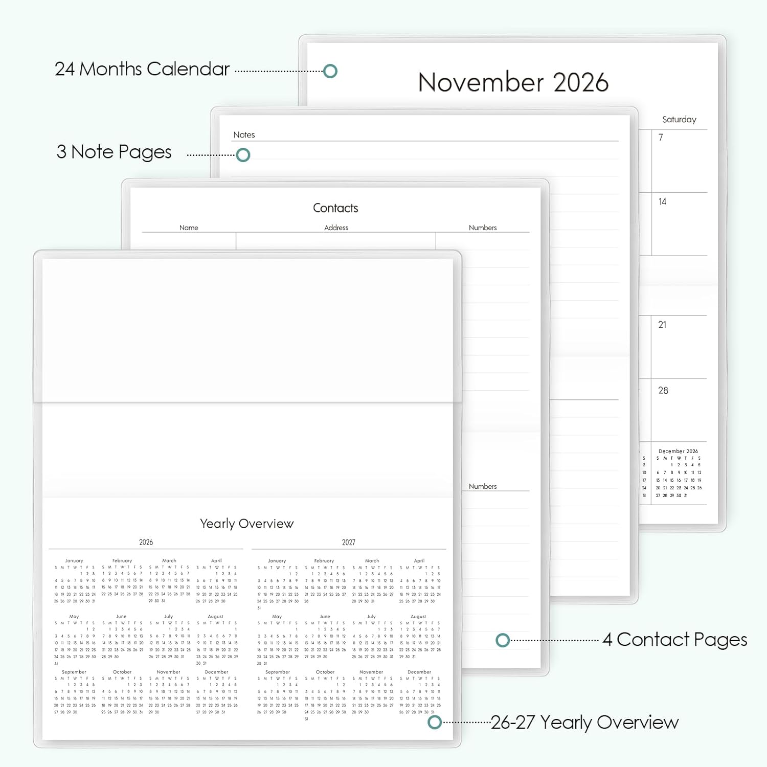 Pocket Calendar 2026-2027 for Purse, 2026-2027 Pocket Planner 24 Months with Soft Waterproof Cover and Premium Paper, 6.5" x 3.5", Floral