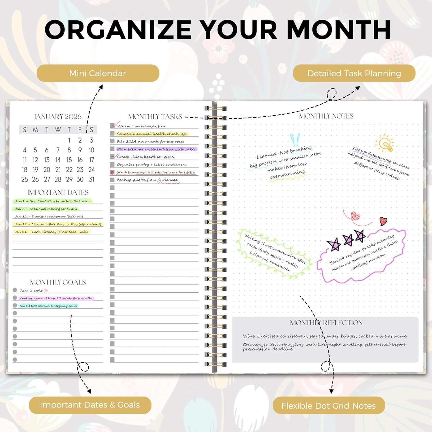 SKYDUE Monthly Planner 2026-2027, 24 Months Calendar Planner 2026-2027, 7.5" x 10" B5 Planner, Twin-wire Spiral Bound, Durable Waterproof Cover, Thick No-Bleed Paper, Floral