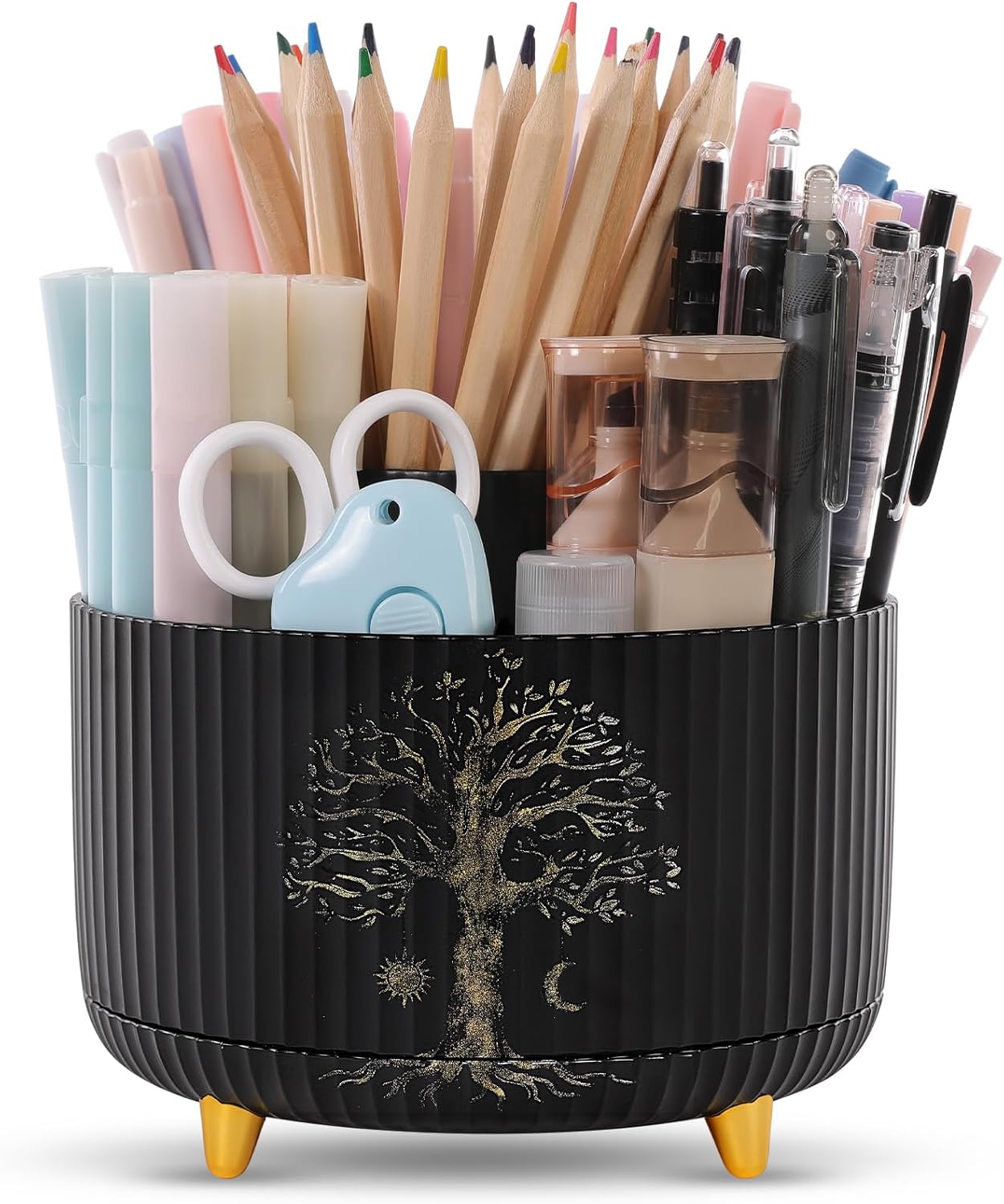 SKYDUE 360 Rotating Plastic Desk Pen Organizer with 5 Slots, Dual-Purpose Art Supply Pencil Cup for Office, School, Home