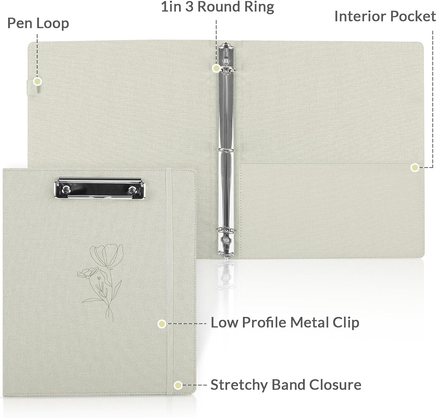 SKYDUE Clipboard Binder with Dividers,1 Inch Linen 3 Ring Binder with Clipboard on Front for Organizer, Clipboard Folder with Pocket, Labels Office Supplies OliveGreen