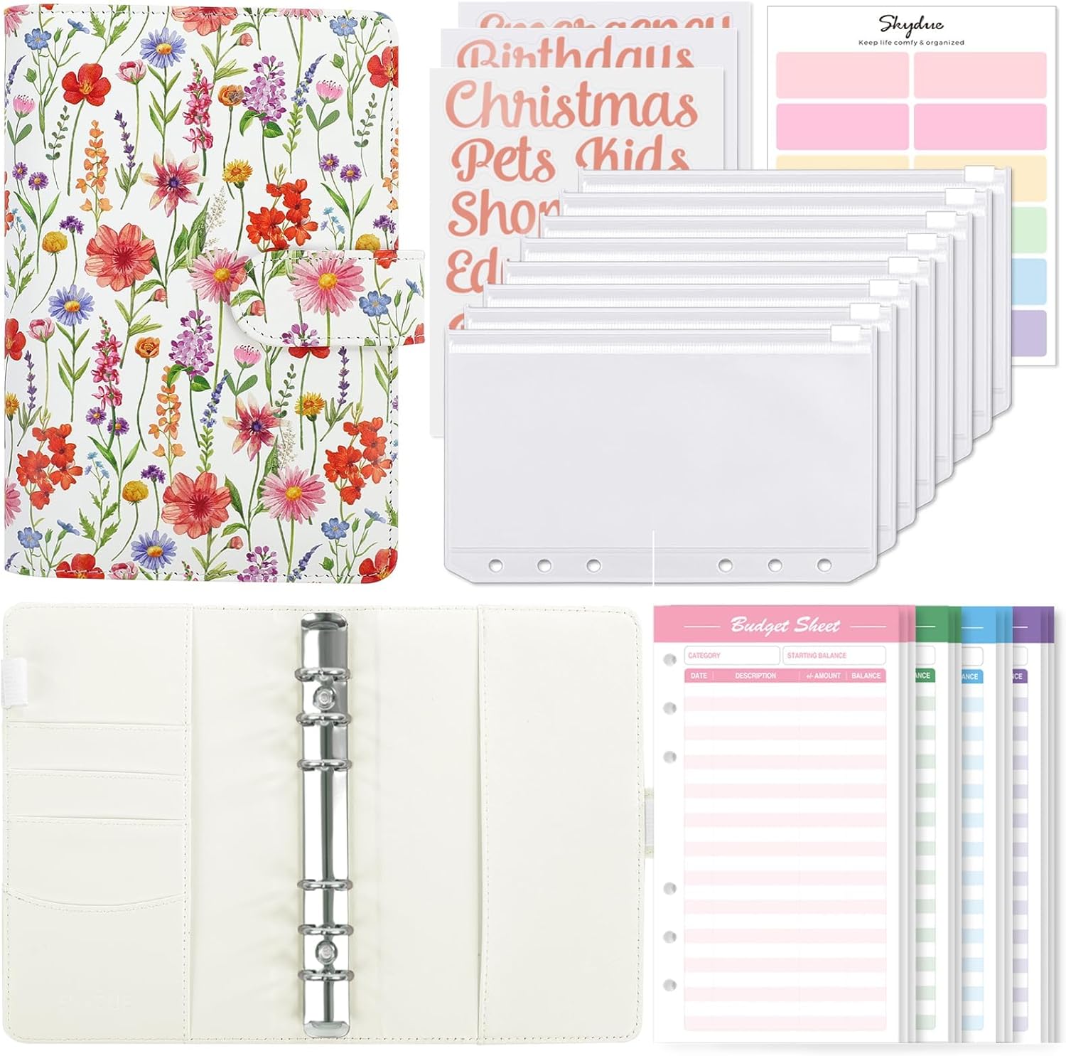 SKYDUE Budget Binder with 8pcs Zipper Envelopes,Money Organizer for Cash with 12pcs Expense Sheets & 24 Rose Gold Sticky Labels