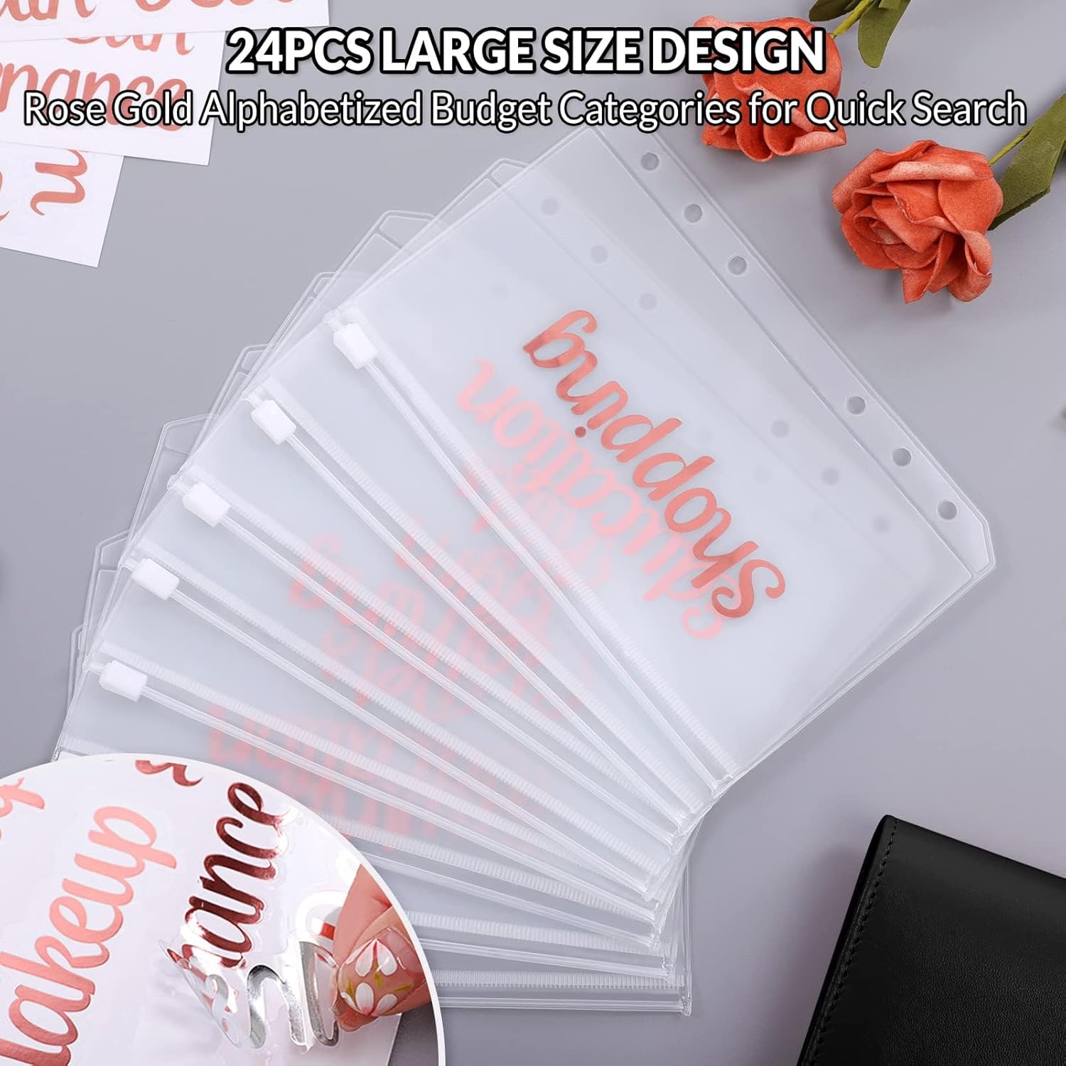 SKYDUE Budget Binder with 8pcs Zipper Envelopes,Money Organizer for Cash with 12pcs Expense Sheets & 24 Rose Gold Sticky Labels