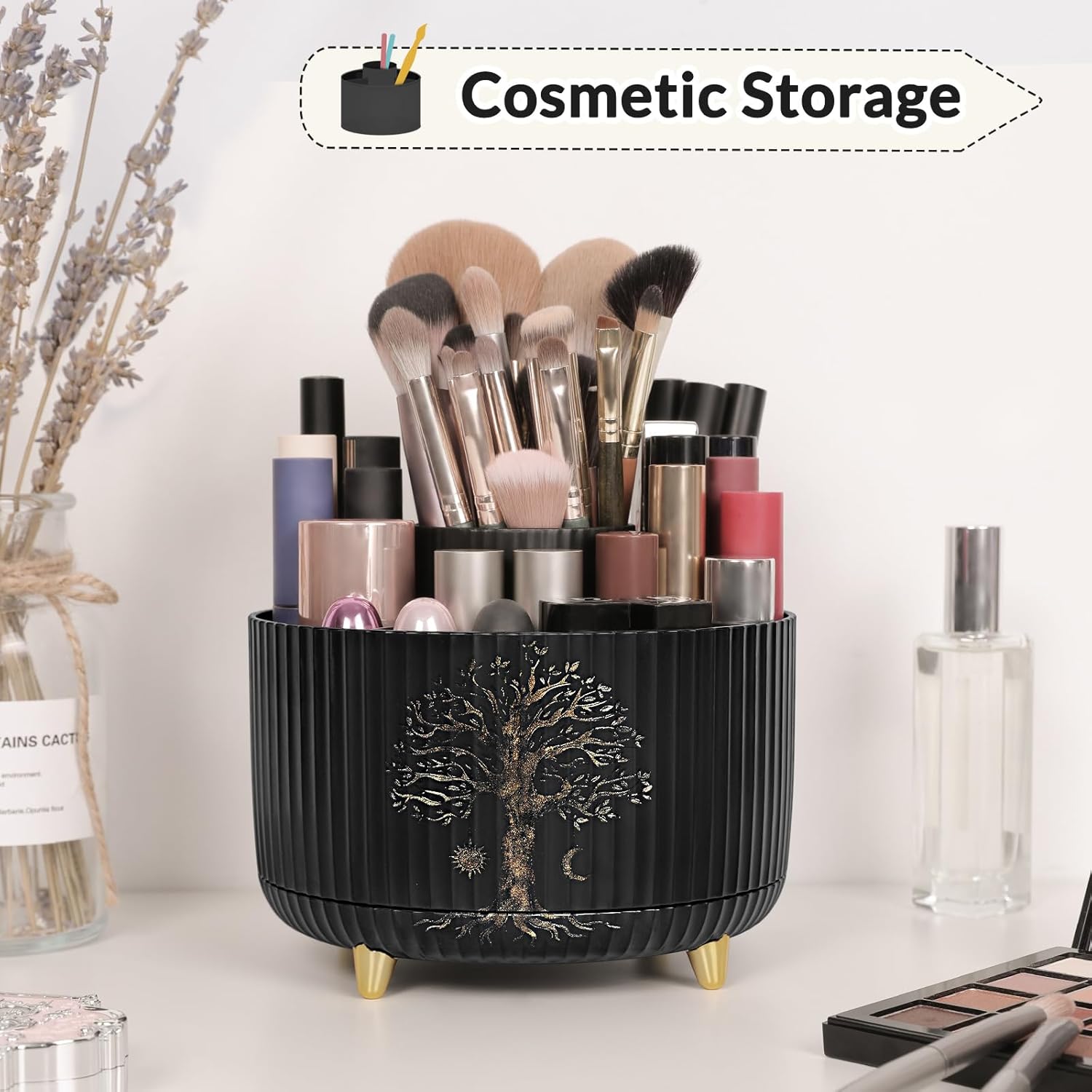 SKYDUE 360 Rotating Plastic Desk Pen Organizer with 5 Slots, Dual-Purpose Art Supply Pencil Cup for Office, School, Home