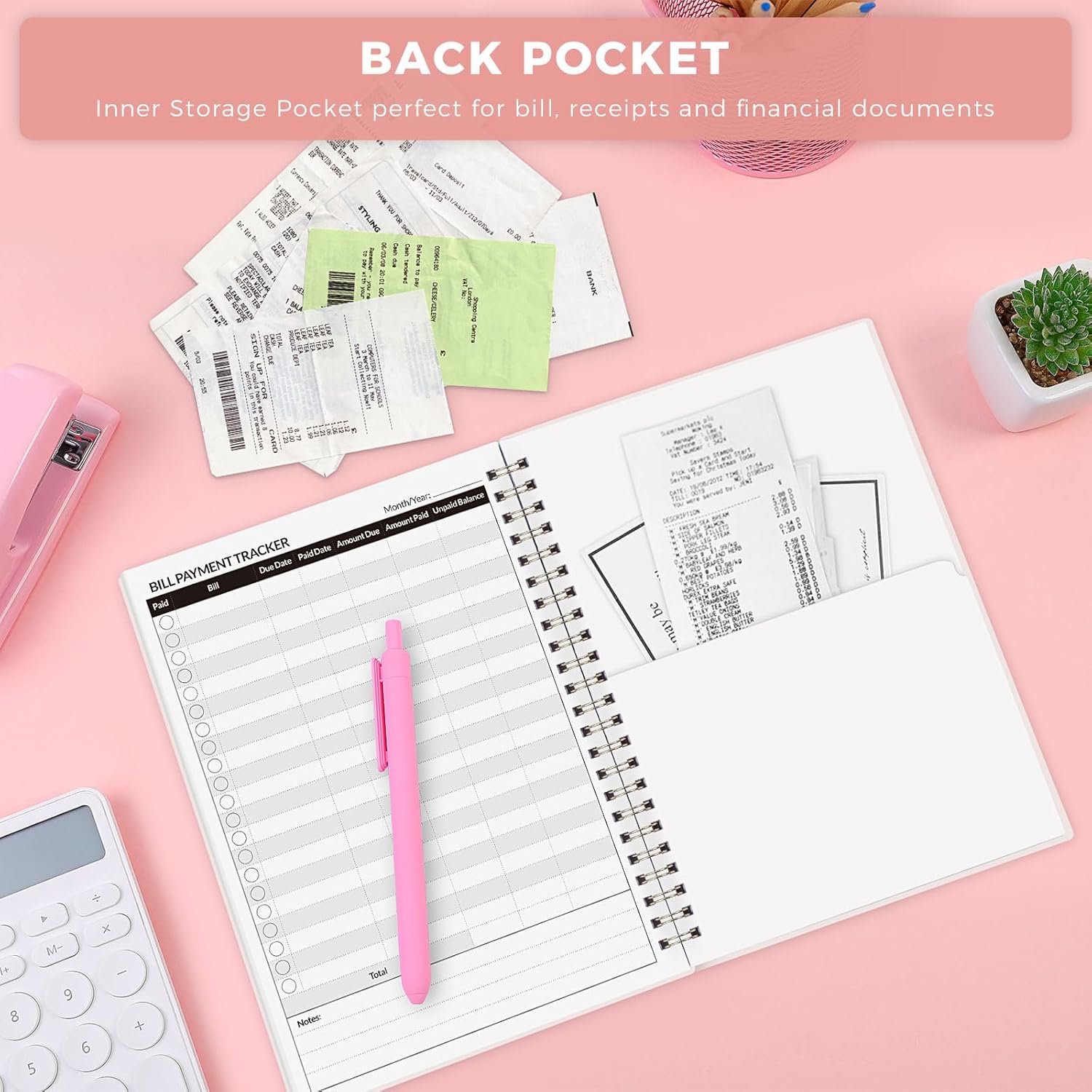 Bill Tracker Notebook, Monthly Bill Payment Checklist, 6" x 8.5", Bill Organizer with Back Pocket for Personal Budgeting Financial, 128 Pages