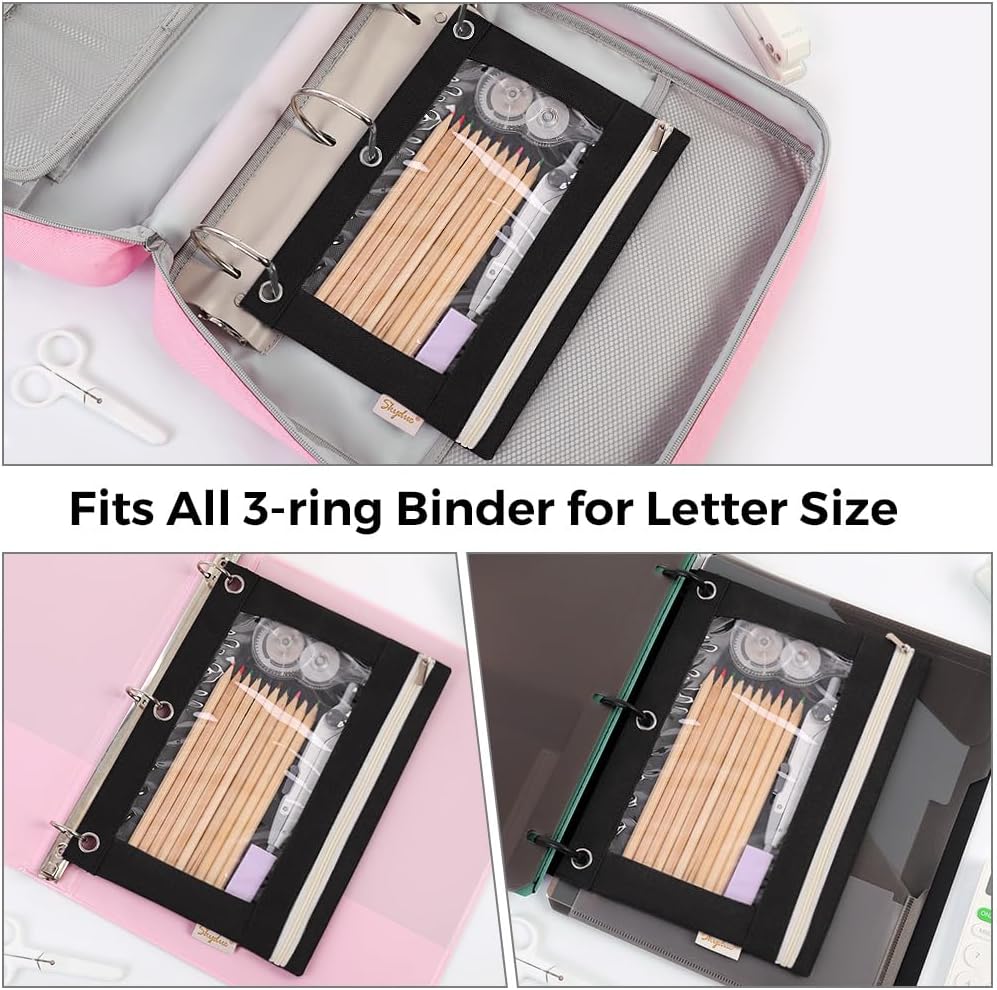 SKYDUE 3 Ring Pencil Pouch for Binder, Zipper Binder Pencil Pouch with 3 Pockets and Mesh Window, Durable Organizer for School Supplies, Cables, Earbuds, Makeup