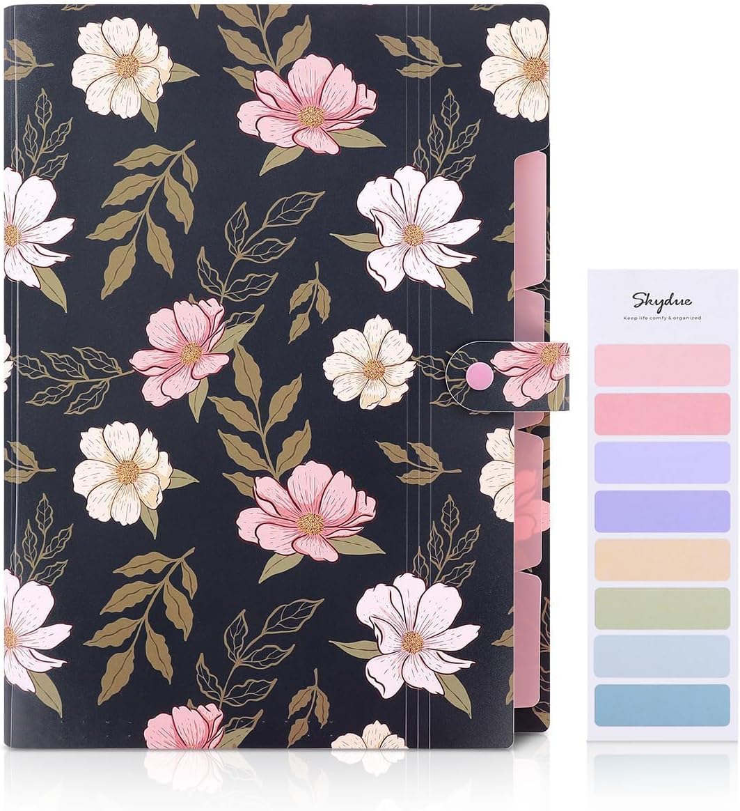 SKYDUE Accordion File Organizer, Floral Expanding File Folders with 5 Pockets, Cute Document Organizer for Paper Bills Receipt Storage, School Office & Hospital Supplies Letter/A4 Size Navy Blue
