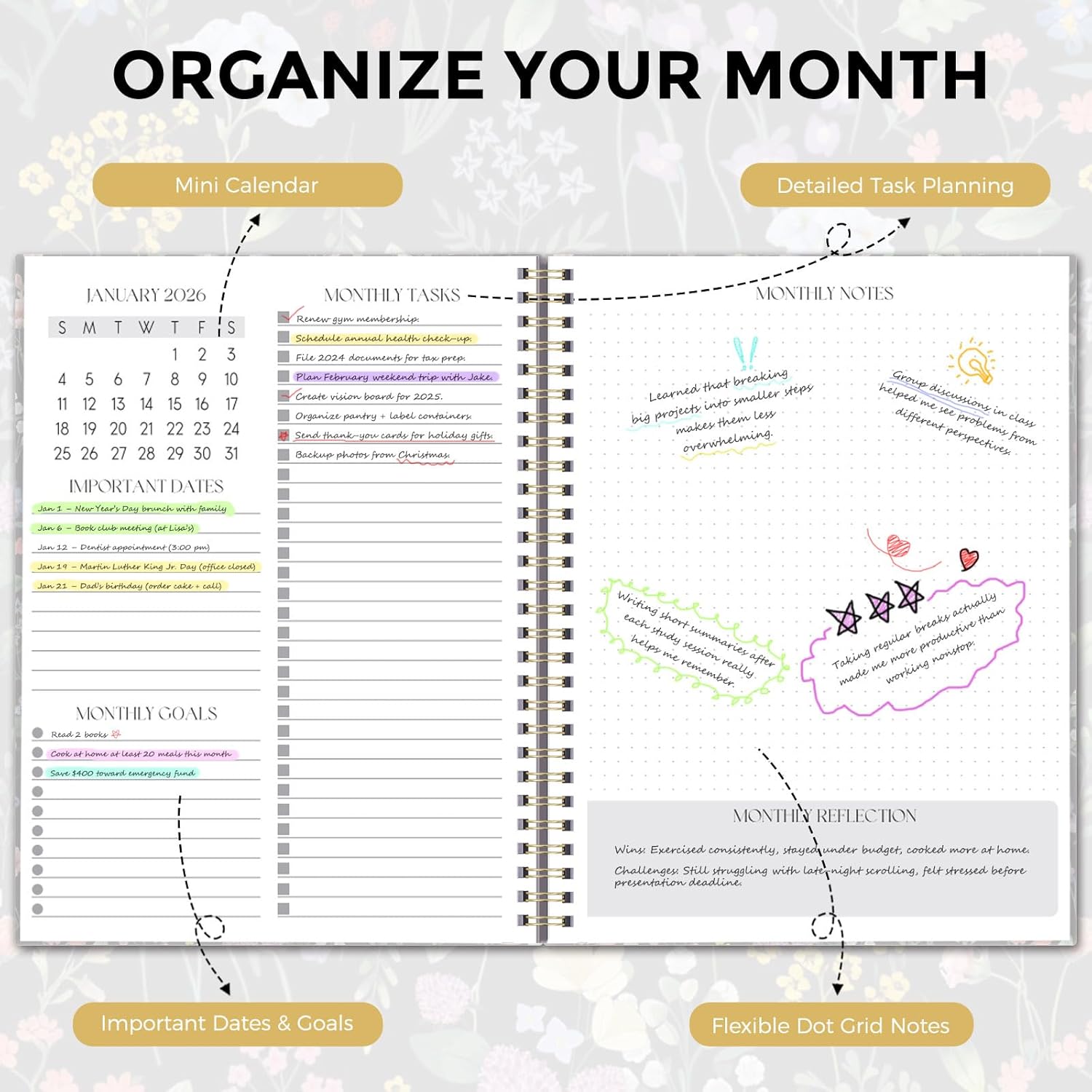SKYDUE Monthly Planner 2026-2027, 24 Months Calendar Planner 2026-2027, 7.5" x 10" B5 Planner, Twin-wire Spiral Bound, Durable Waterproof Cover, Thick No-Bleed Paper, Floral