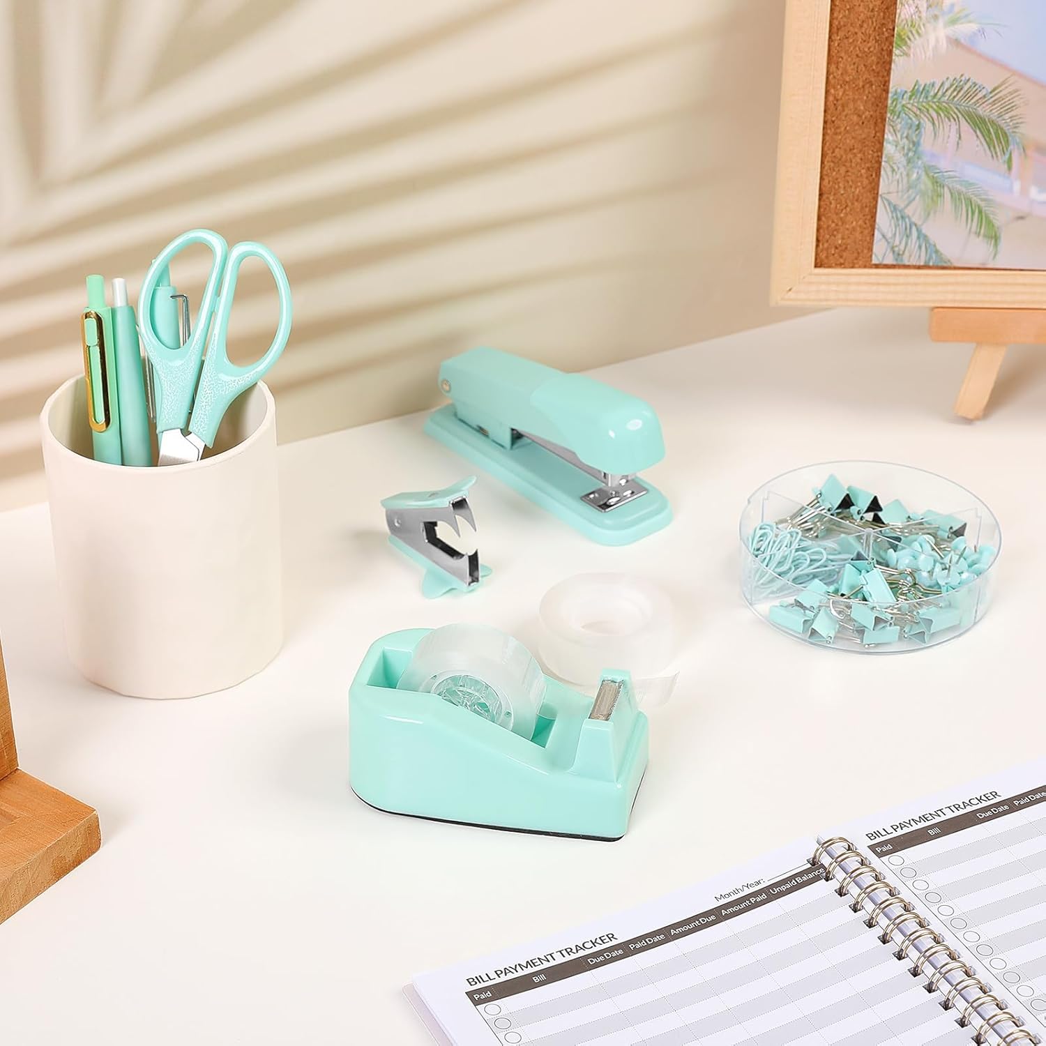 SKYDUE Pink Office Desk Accessories, Pink Office Supplies, Stapler, Tape Dispenser, Scissors, Clips and 1000pcs Staples,Office Supplies for Desk for Women