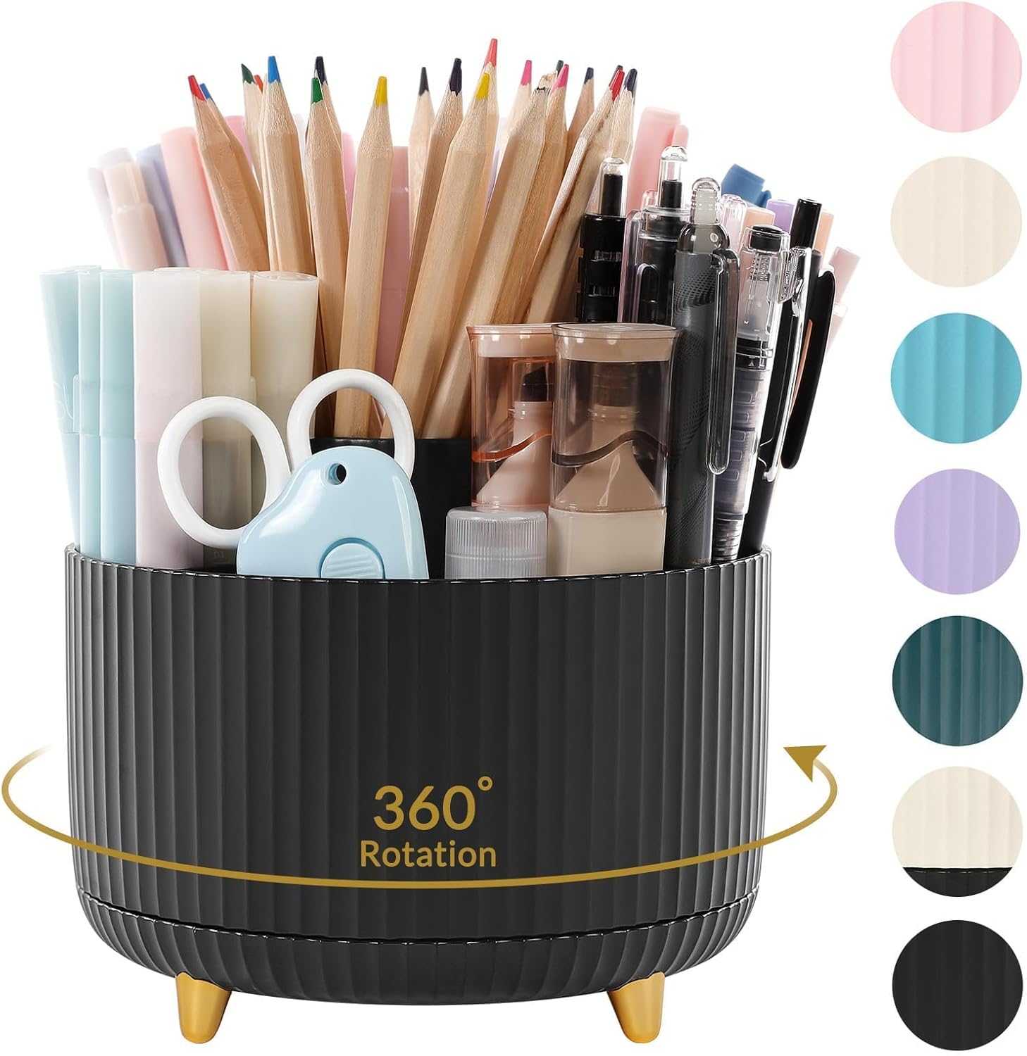 SKYDUE 360 Drgree Roating Desk Organizer, Rotating Pen Holder with Large Capacity Pencil Case, Suit for Office, School, Home, Black