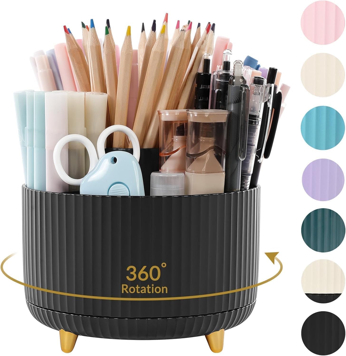 SKYDUE 360 Rotating Plastic Desk Pen Organizer with 5 Slots, Dual-Purpose Art Supply Pencil Cup for Office, School, Home