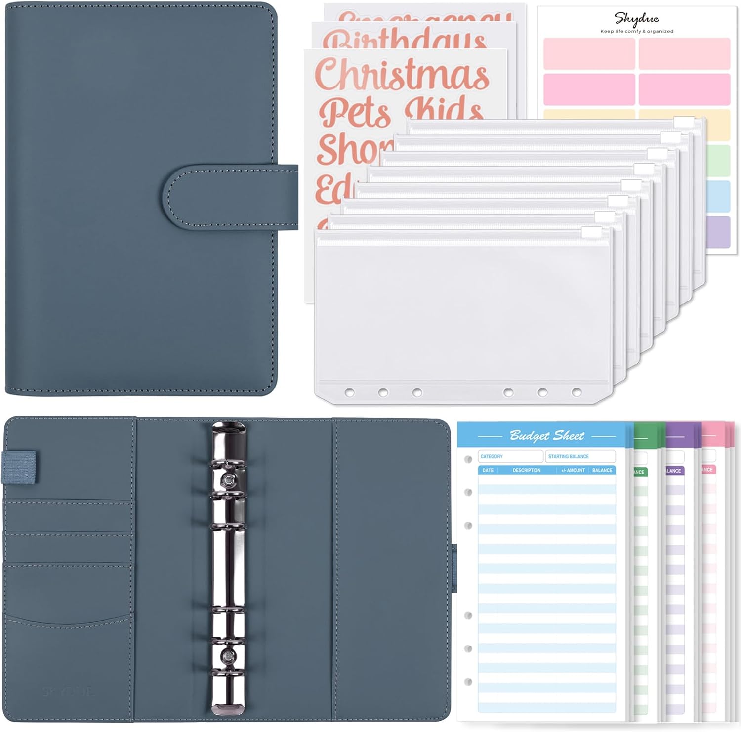 SKYDUE Budget Binder with 8pcs Zipper Envelopes,Money Organizer for Cash with 12pcs Expense Sheets & 24 Rose Gold Sticky Labels