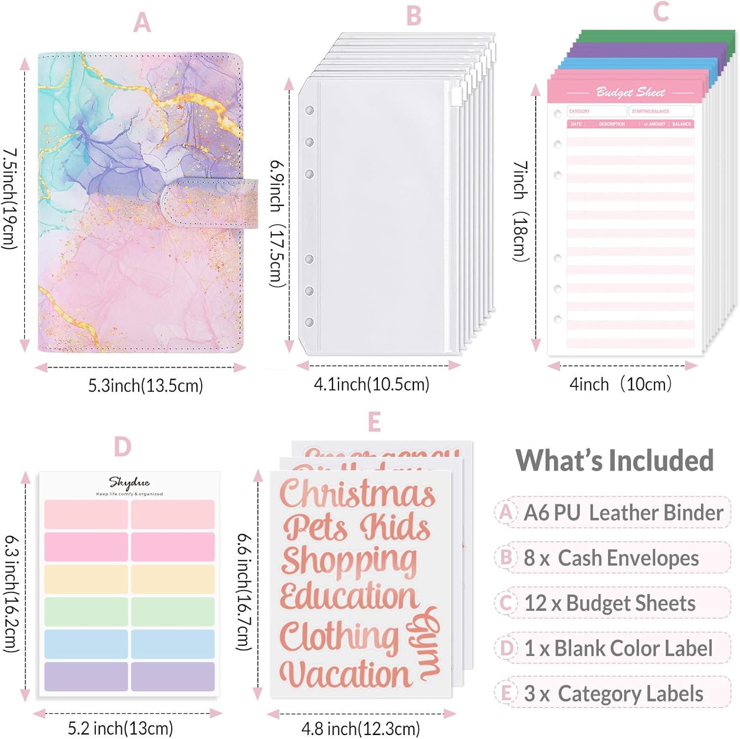 SKYDUE Budget Binder with 8pcs Zipper Envelopes,Money Organizer for Cash with 12pcs Expense Sheets & 24 Rose Gold Sticky Labels