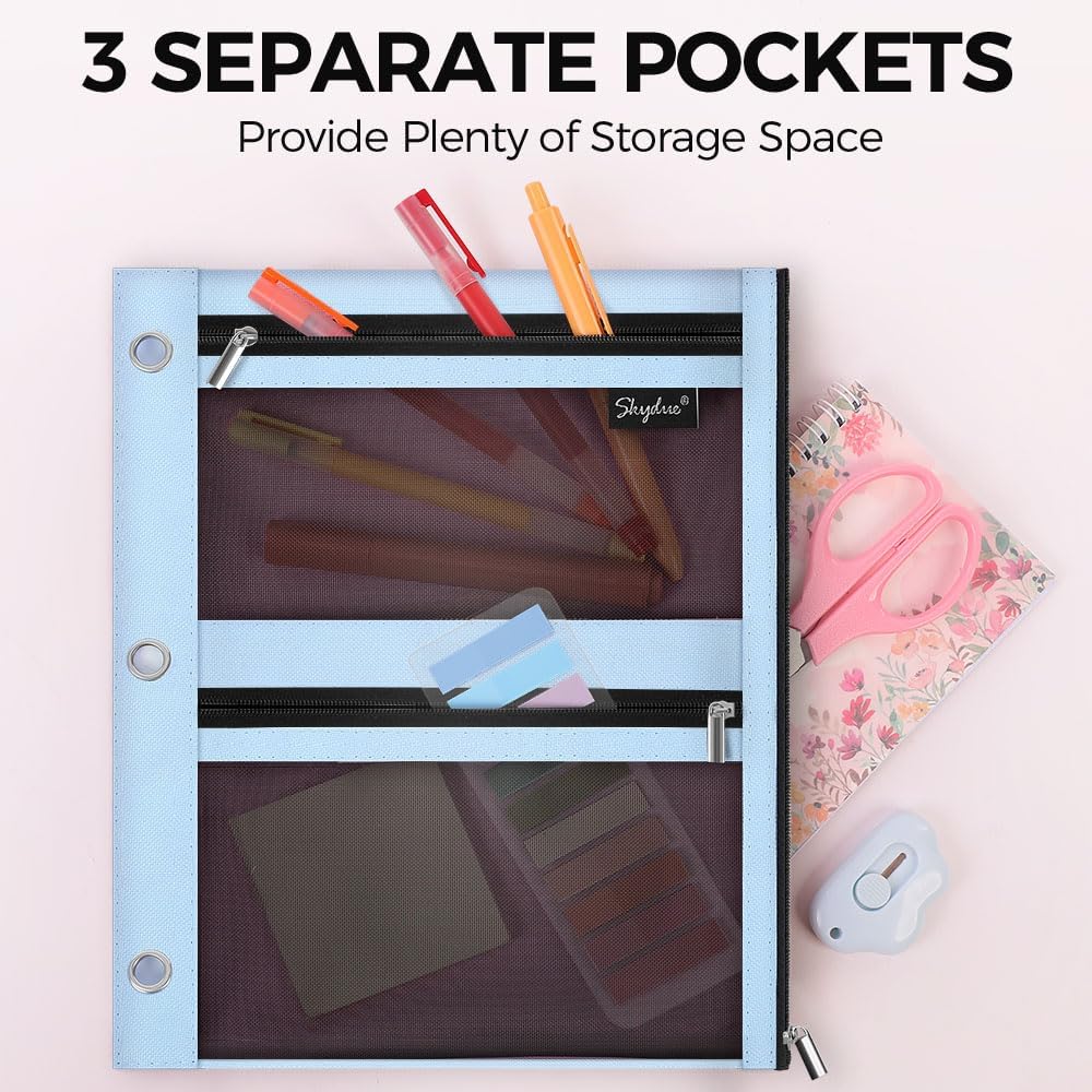 SKYDUE Pencil Pouch for Binder, Pencil Case, 3 Ring Binder Pencil Pouch with 3 Pockets and Mesh Window, Zipper Pencil Pouch, Durable Organizer for School Supplies, Cables, Earbuds, Makeup