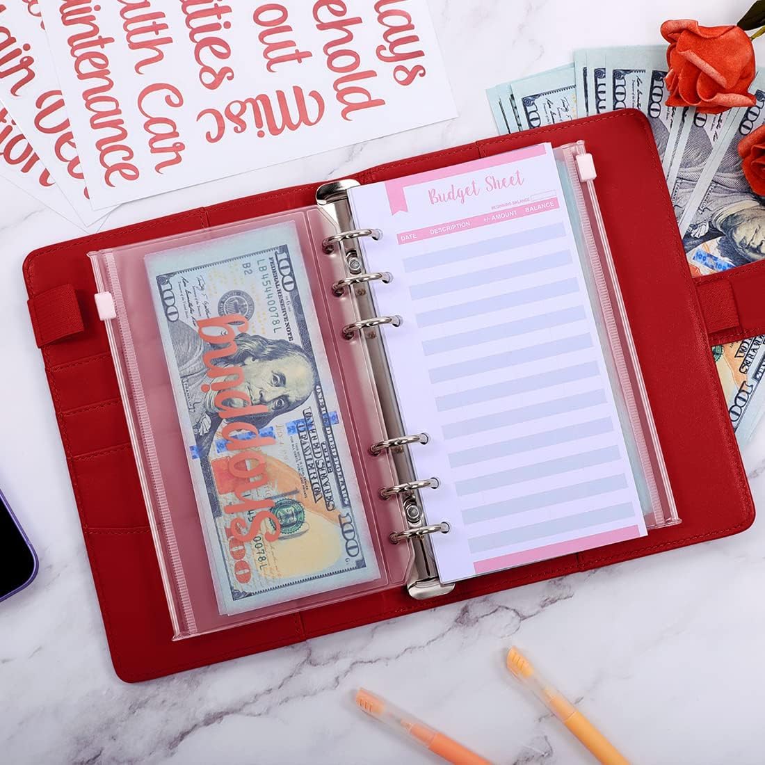 SKYDUE Budget Binder with 8pcs Zipper Envelopes,Money Organizer for Cash with 12pcs Expense Sheets & 24 Rose Gold Sticky Labels