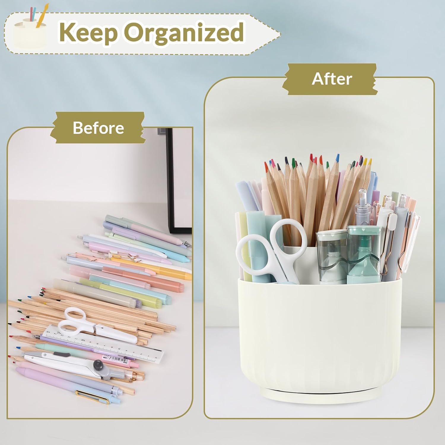 SKYDUE 360 Degree Rotating Pencil Pen Holder for Desk, Dual-Purpose Desk Organizer, Rotating Pencil Cup with 5 Slots, Office Supplies, Desk Decor for Office, School, Home