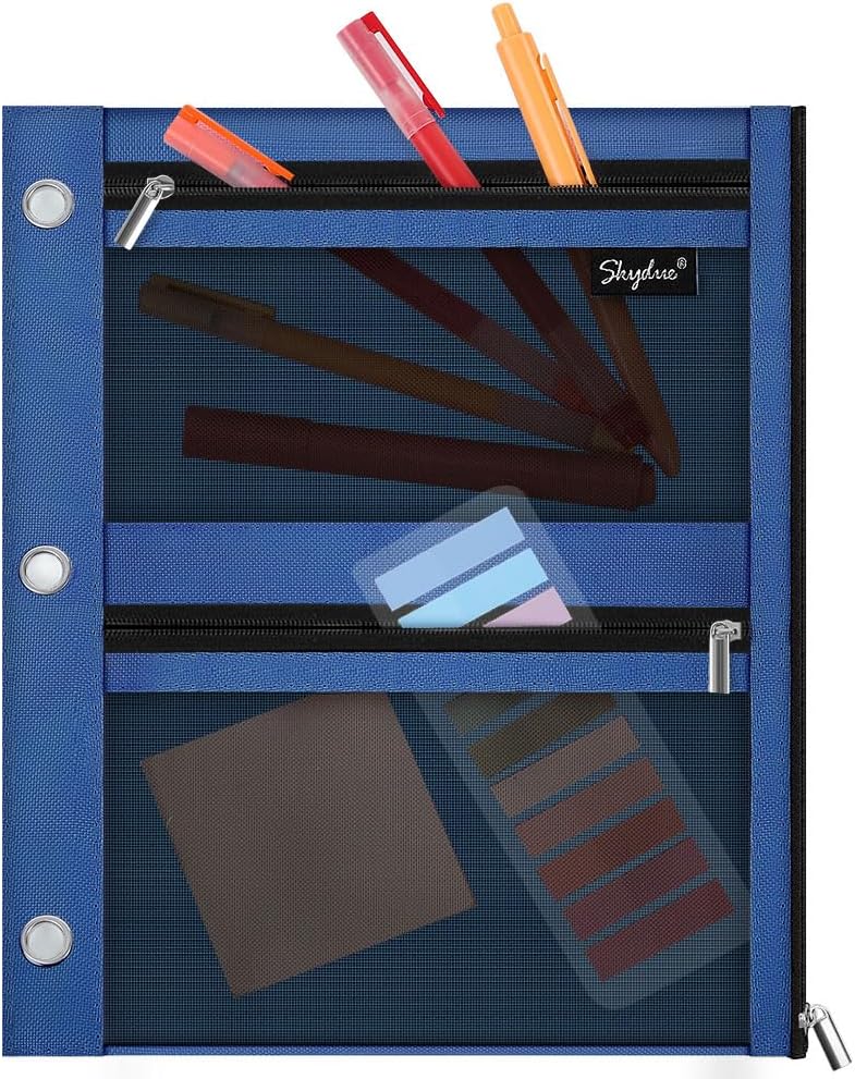 SKYDUE Pencil Pouch for Binder, Pencil Case, 3 Ring Binder Pencil Pouch with 3 Pockets and Mesh Window, Zipper Pencil Pouch, Durable Organizer for School Supplies, Cables, Earbuds, Makeup