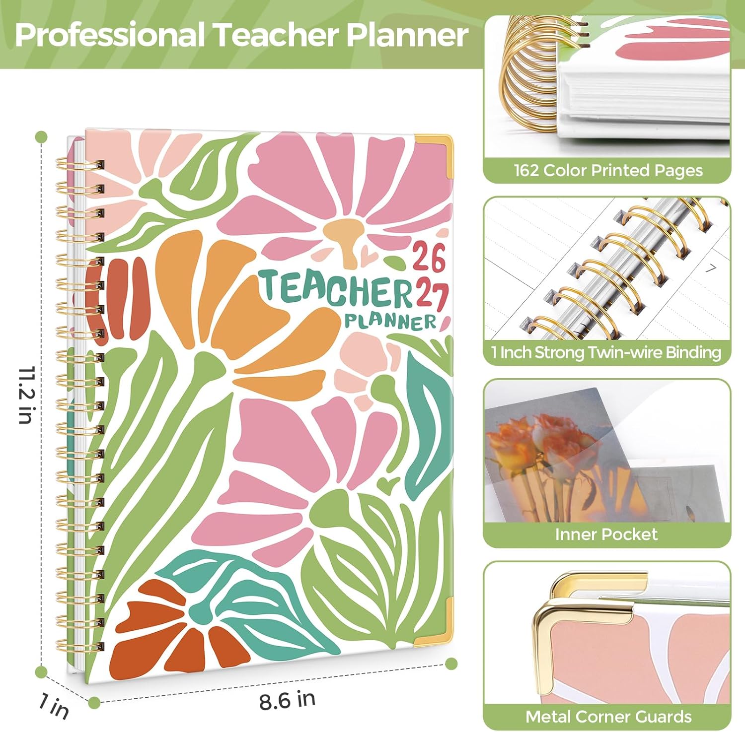 SKYDUE Teacher Planner 2026-2027 Academic Year, 8.5" x 11" Deluxe Teacher Lesson Planner with Monthly Tabs & Stickers, Lesson Plan Book 26-27, Grid