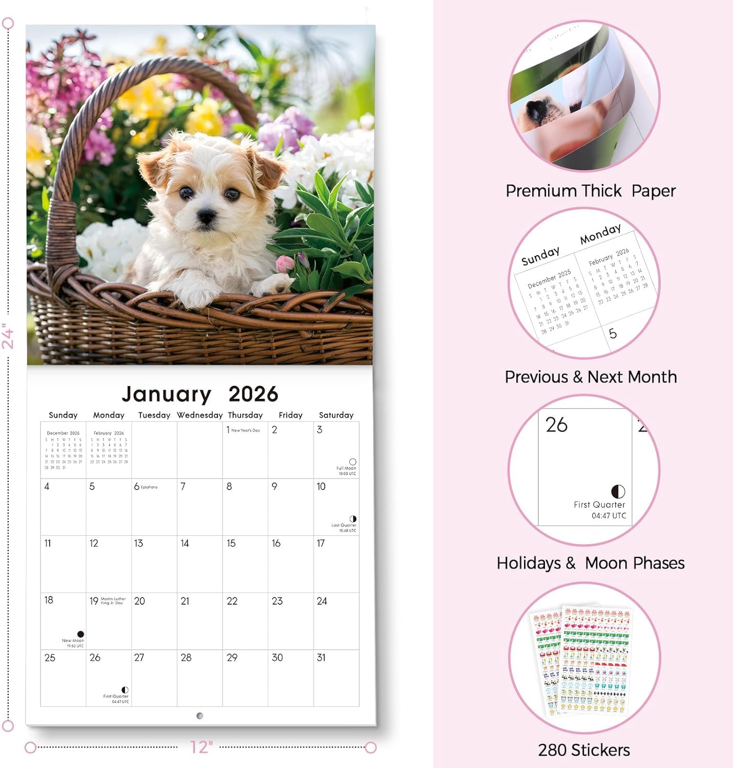 SKYDUE 2026 Wall Calendar 12"x24" Opened, 18-Month Puppy Dog Calendar from January 2026 to June 2027 with Stickers, Thick Paper Monthly Calendar for Home Office Organizing & Planning