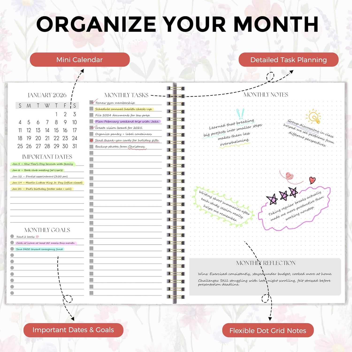 SKYDUE Monthly Planner 2026-2027, 24 Months Calendar Planner 2026-2027, 7.5" x 10" B5 Planner, Twin-wire Spiral Bound, Durable Waterproof Cover, Thick No-Bleed Paper, Floral