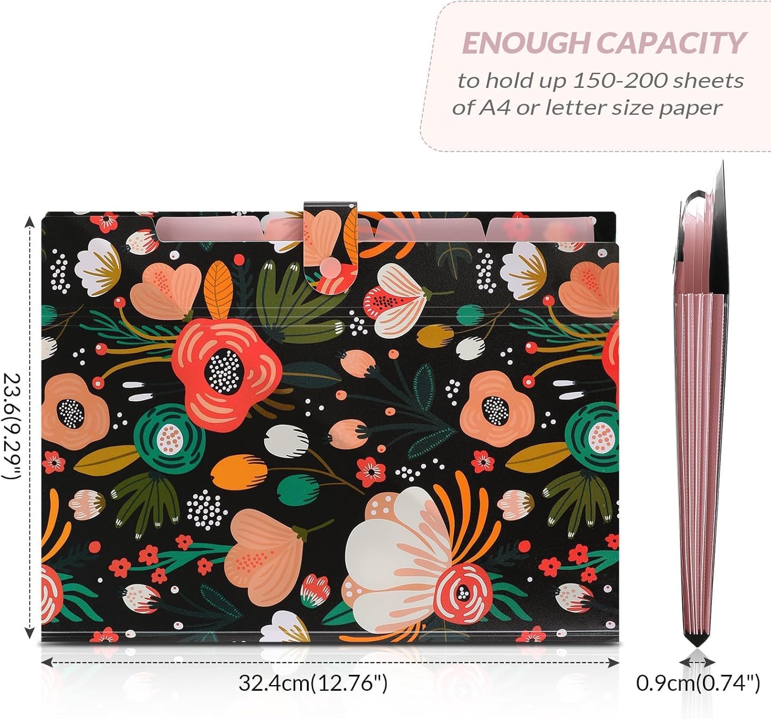 SKYDUE Expanding File Folder with 5 Pockets, Floral Accordion File Organizer for Important Document, Portable Receipt Paper Organizer, School Office Supplies Black