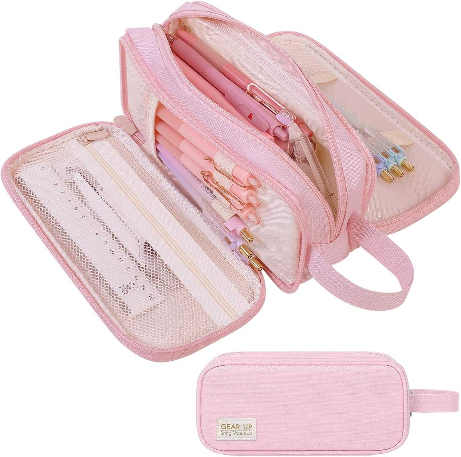 SKYDUE Large Capacity Pencil Case with 3 Compartments, Canvas Stationery Bag with Handle for Students Adults, Aesthetic Pen Holder Organizer for Office School Supplies, Purple