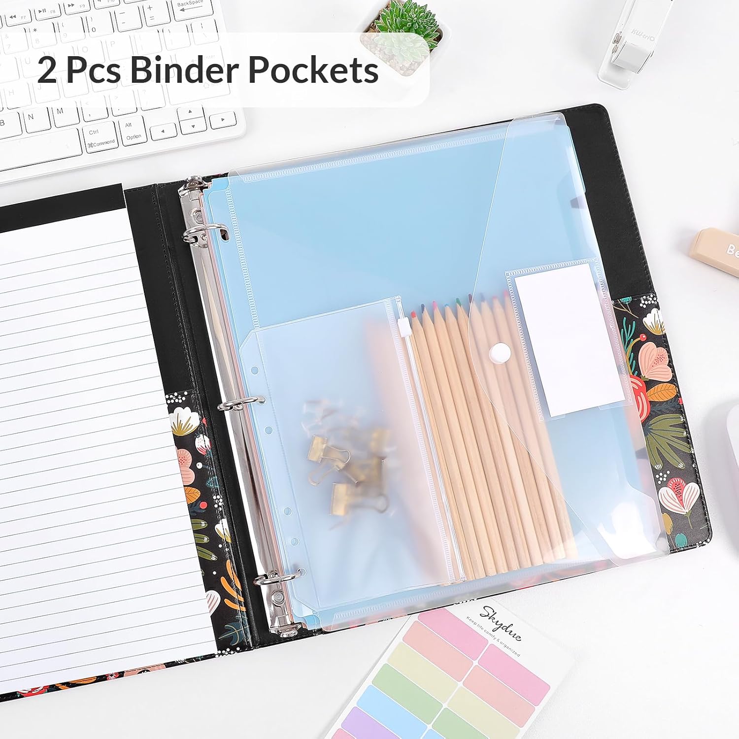 SKYDUE 1 Inch 3-Ring Binder with Clipboard, PU Aesthetic Binder with 5 Dividers, Notepad, Stickers & Pockets for Work and School (Letter Size)