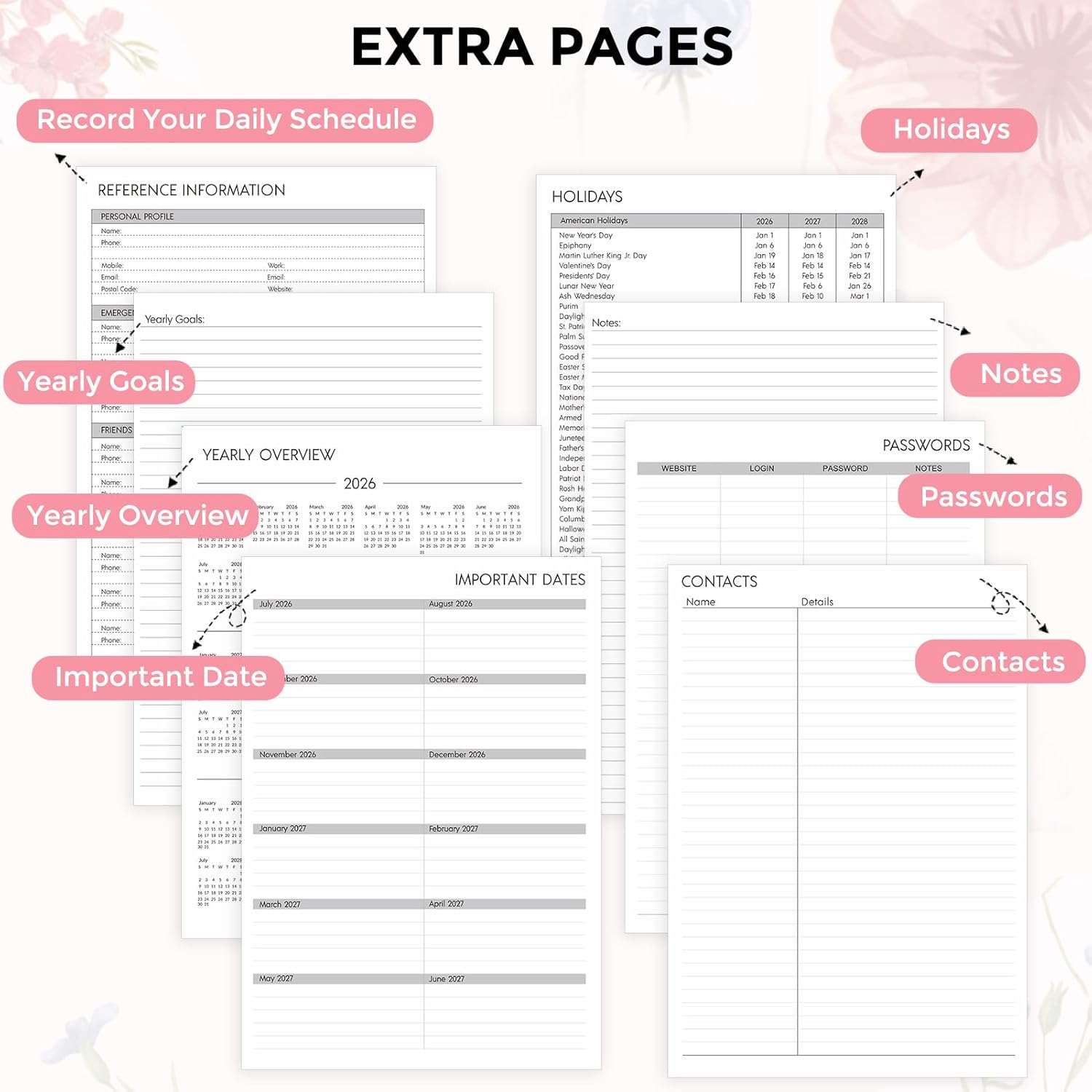 SKYDUE Appointment Book 2026-2027, Academic Hourly Planner from July 2026 - June 2027, 8.5" x 11" Weekly & Monthly Schedule Planner with 15-Minute Interval- Perfect for Daily Planning White Flower