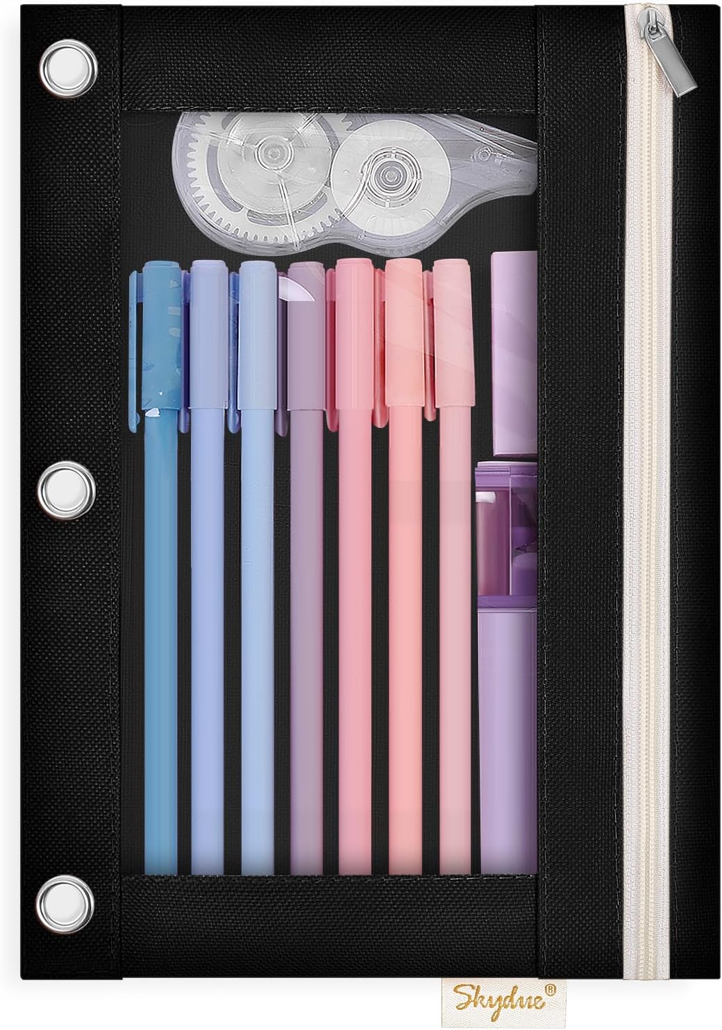 SKYDUE 3 Ring Pencil Pouch for Binder, Zipper Binder Pencil Pouch with 3 Pockets and Mesh Window, Durable Organizer for School Supplies, Cables, Earbuds, Makeup
