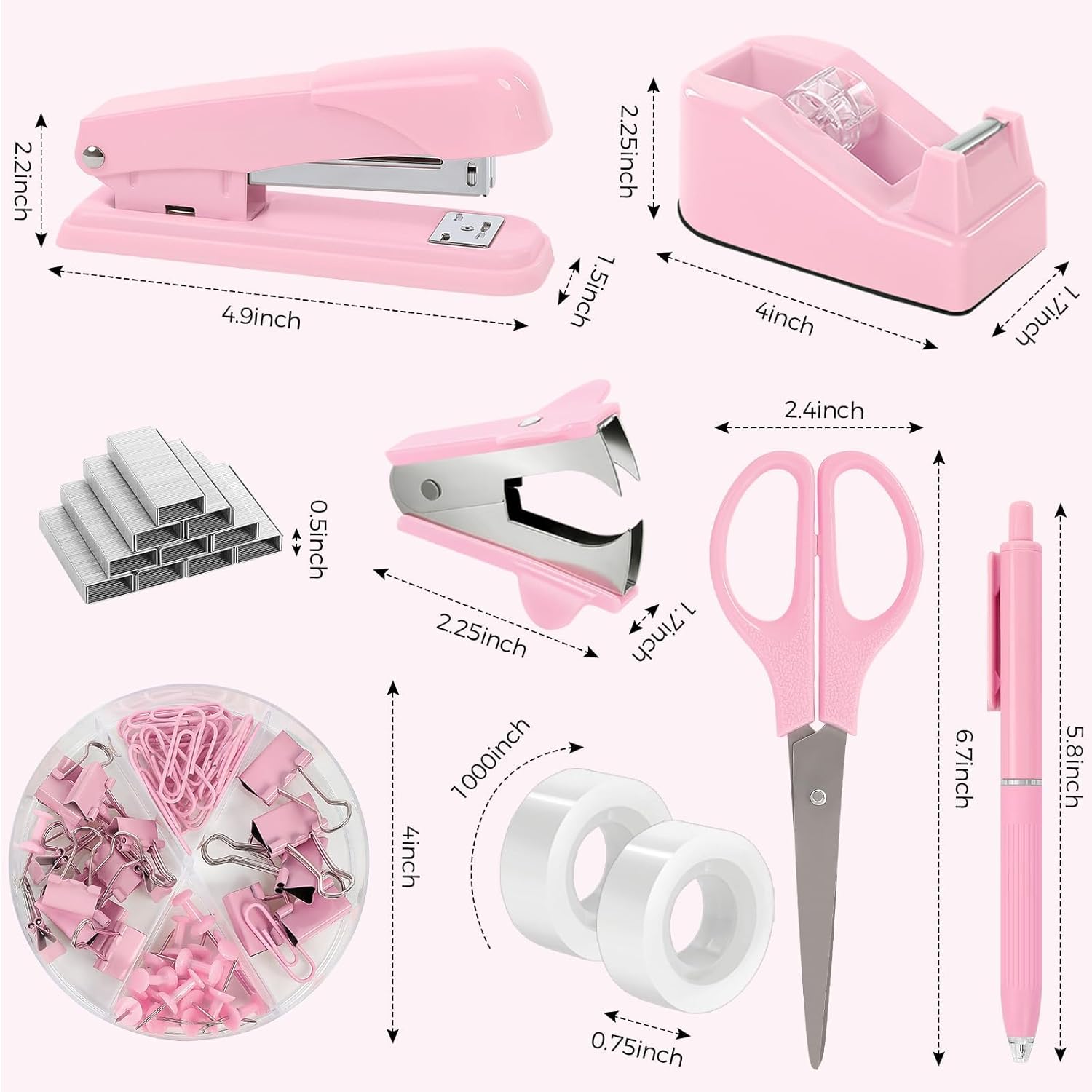 SKYDUE Pink Office Desk Accessories, Pink Office Supplies, Stapler, Tape Dispenser, Scissors, Clips and 1000pcs Staples,Office Supplies for Desk for Women