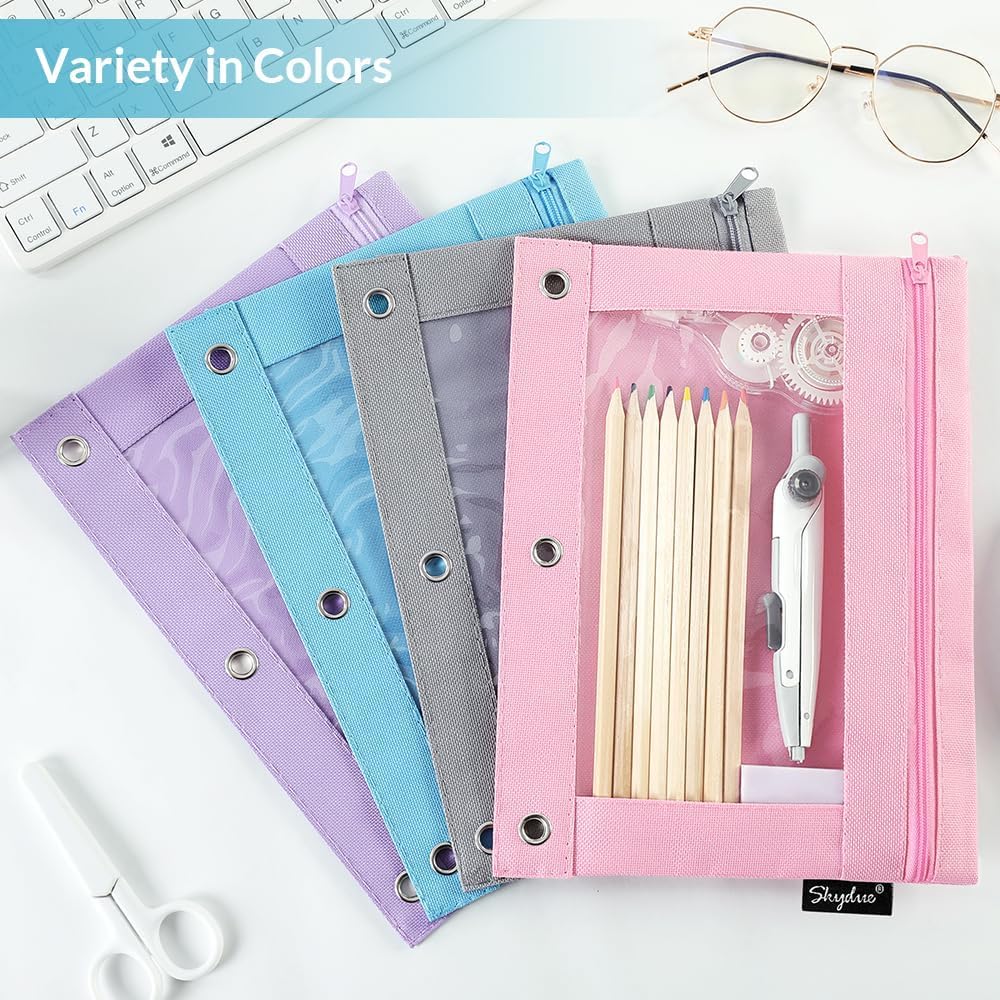 SKYDUE Pencil Pouch for 3 Ring Binder, Zipper Pencil Pouches for Girls Boys, Clear Window Pencil Case for Binder, Binder Pencil Pouch, Pencil Bag with Zipper,Pink & Purple