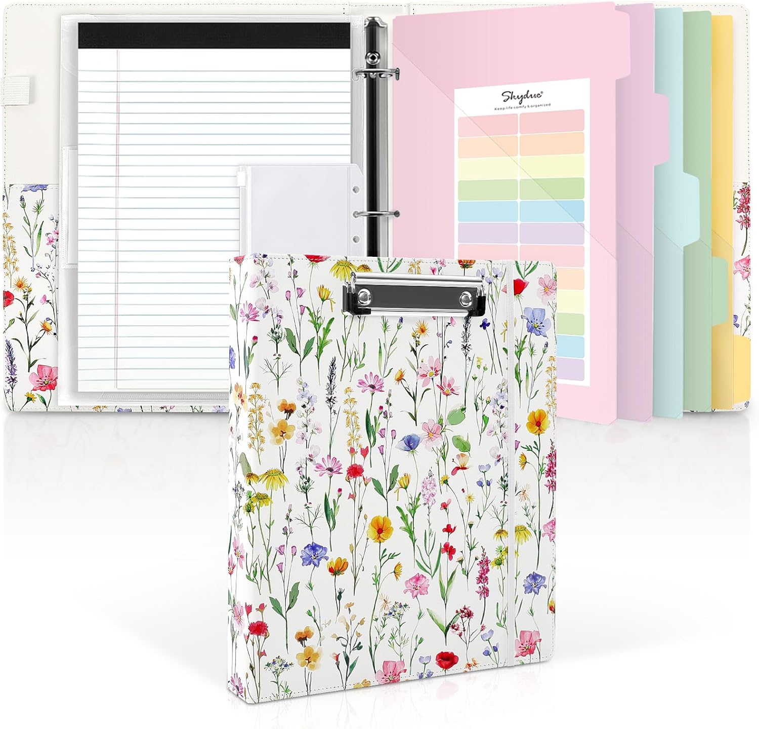 SKYDUE 1 Inch 3-Ring Binder with Clipboard, PU Aesthetic Binder with 5 Dividers, Notepad, Stickers & Pockets for Work and School (Letter Size)