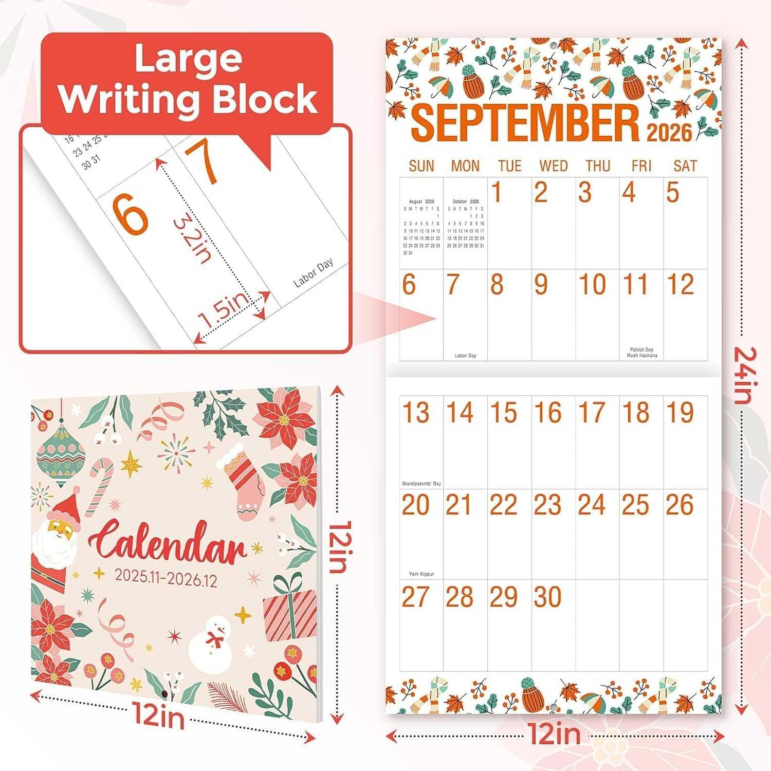 SKYDUE Calendar 2026, Large Print Monthly Wall Calendar, Nov 2025 - Dec 2026 14-Month Big Grid Wall Calendar for Home Office 12" x 24"(Open)