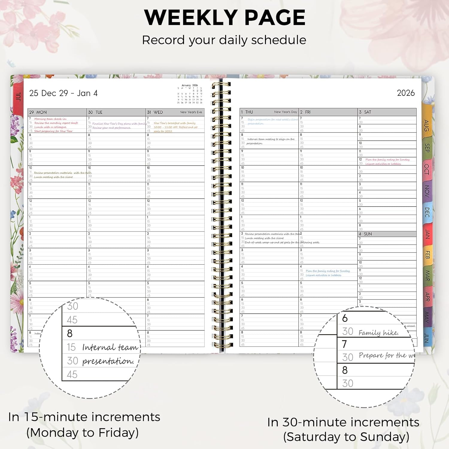 SKYDUE Appointment Book 2026-2027, Academic Hourly Planner from July 2026 - June 2027, 8.5" x 11" Weekly & Monthly Schedule Planner with 15-Minute Interval- Perfect for Daily Planning White Flower