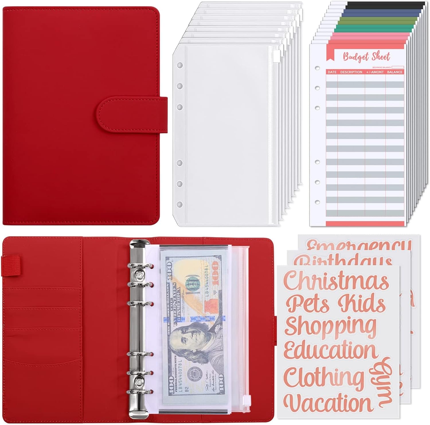 SKYDUE Budget Binder with 8pcs Zipper Envelopes,Money Organizer for Cash with 12pcs Expense Sheets & 24 Rose Gold Sticky Labels