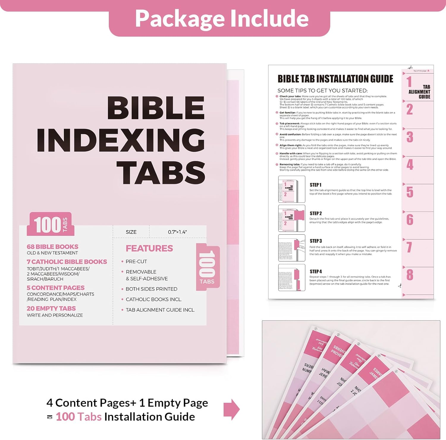 SKYDUE Bible Tabs: 100 Laminated Study Tabs for Women & Men, Pink