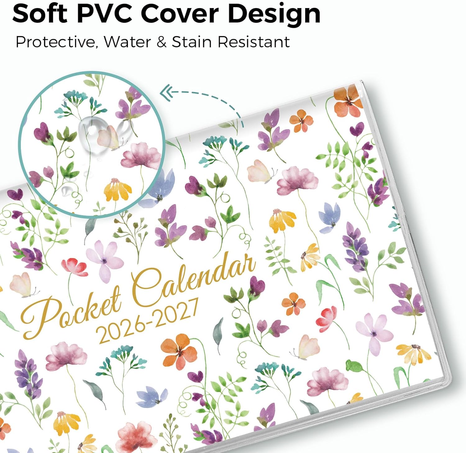 Pocket Calendar 2026-2027 for Purse, 2026-2027 Pocket Planner 24 Months with Soft Waterproof Cover and Premium Paper, 6.5" x 3.5", Floral
