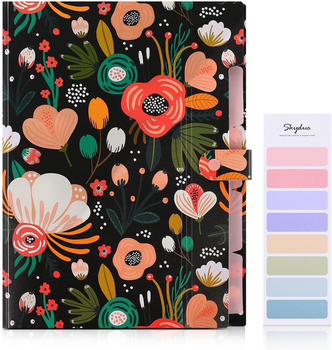 SKYDUE Expanding File Folder with 5 Pockets, Floral Accordion File Organizer for Important Document, Portable Receipt Paper Organizer, School Office Supplies Black