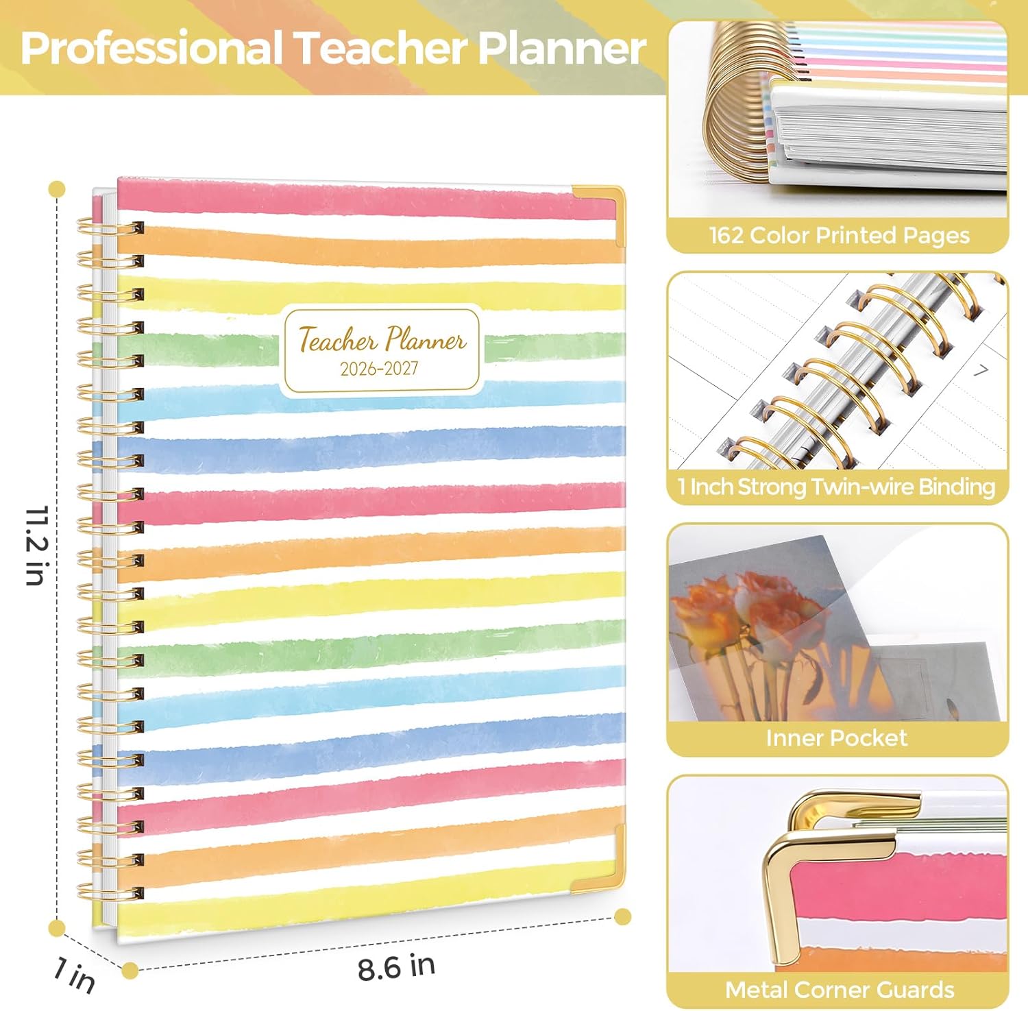 SKYDUE Teacher Planner 2026-2027 Academic Year, 8.5" x 11" Deluxe Teacher Lesson Planner with Monthly Tabs & Stickers, Lesson Plan Book 26-27, Grid
